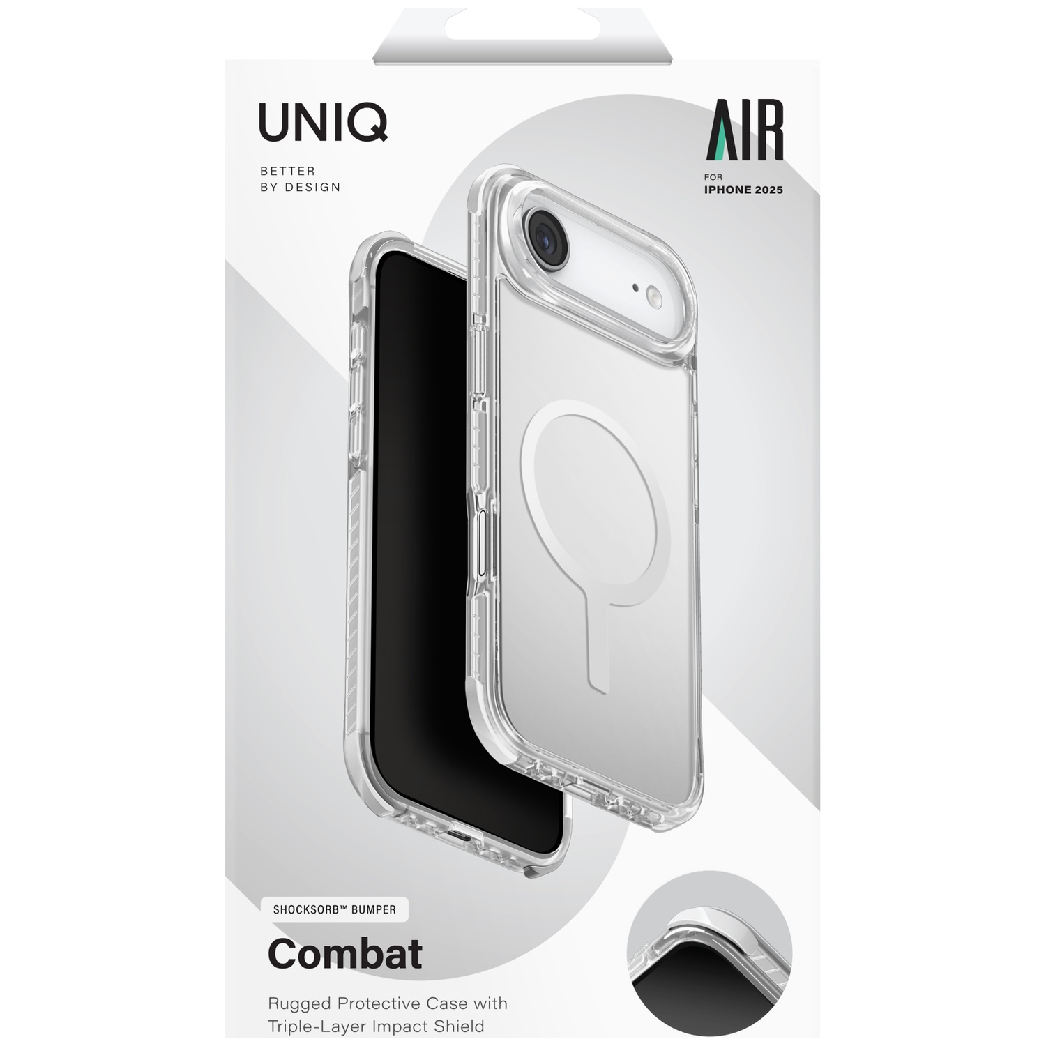Clear protective case for iPhone 2025, labeled 'Combat'.