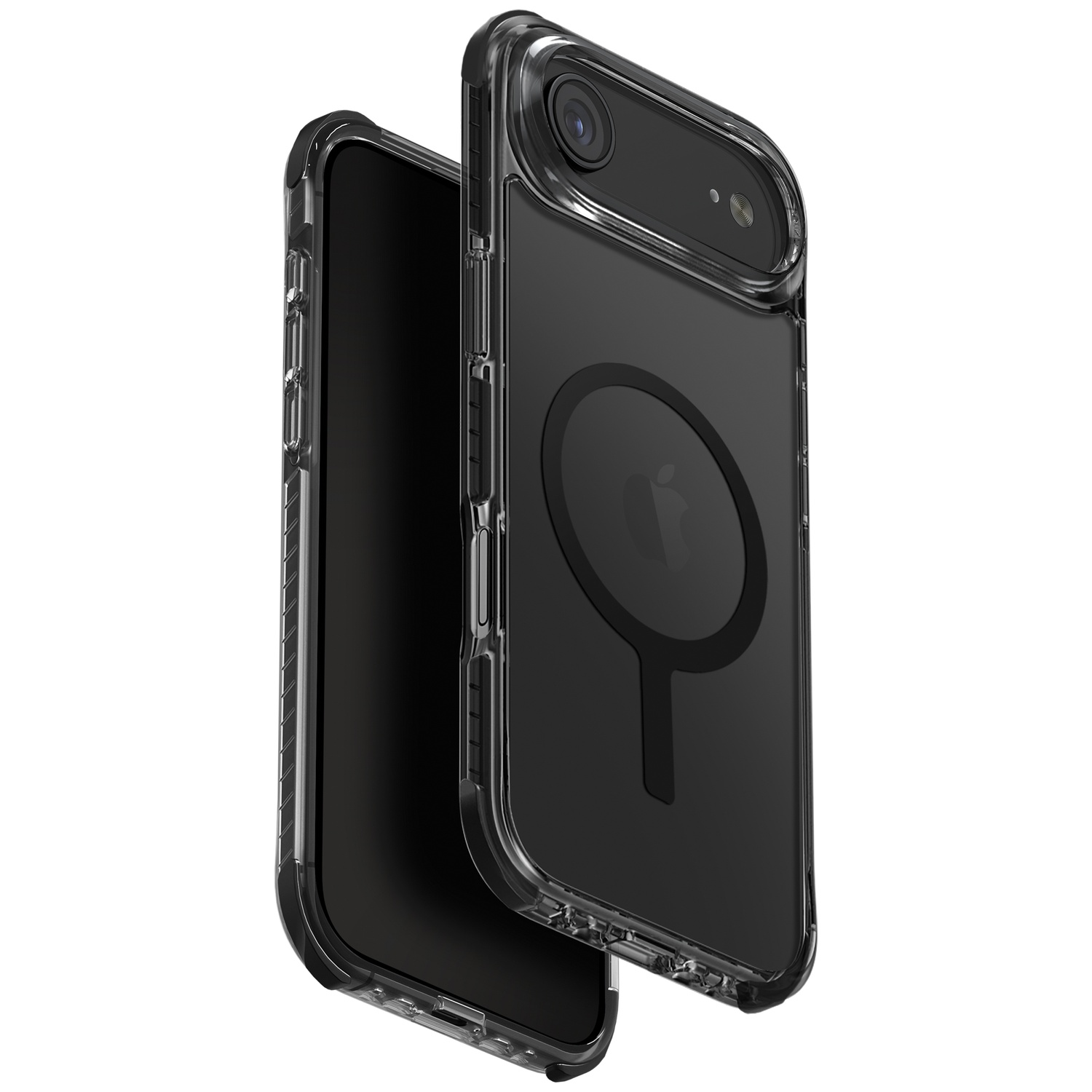 Clear case with a black phone and MagSafe ring on a white background.