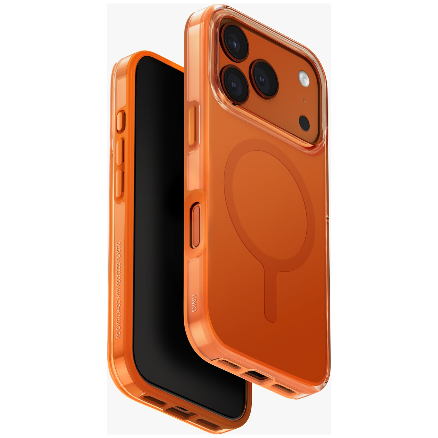 Orange transparent phone case with camera module and magnetic ring.