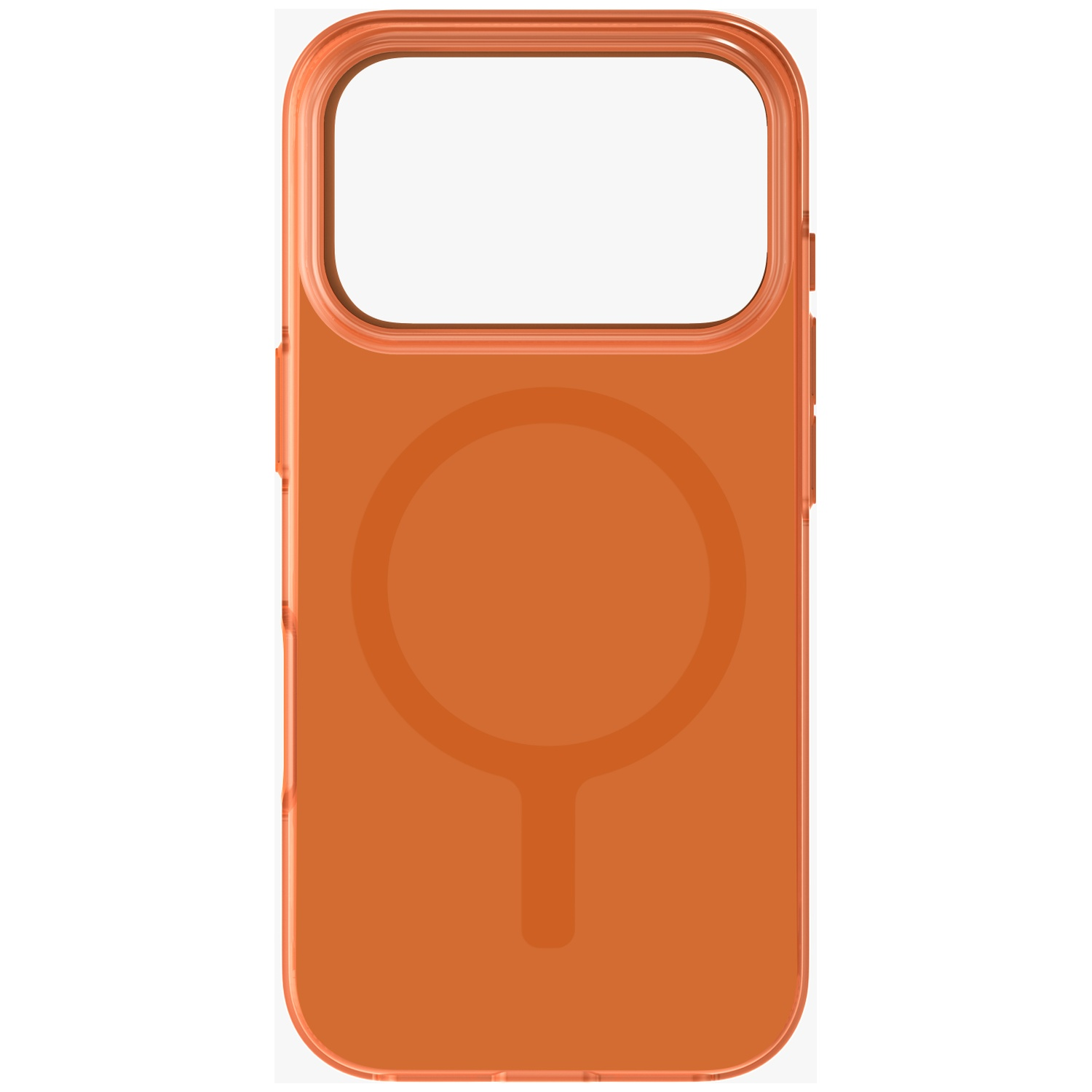A transparent orange phone case with a circular pattern.