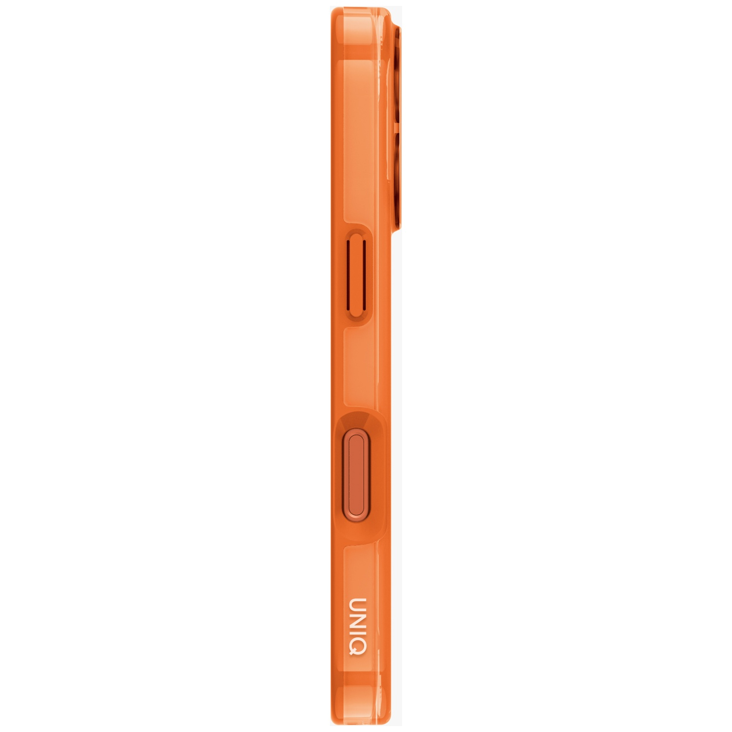 Orange phone case with side buttons and UNIQ logo.
