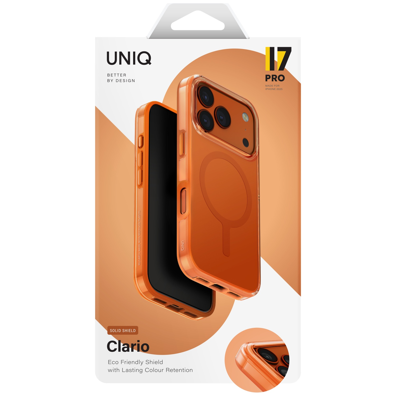 Orange UNIQ Clario iPhone case with MagSafe for iPhone 15 Pro.