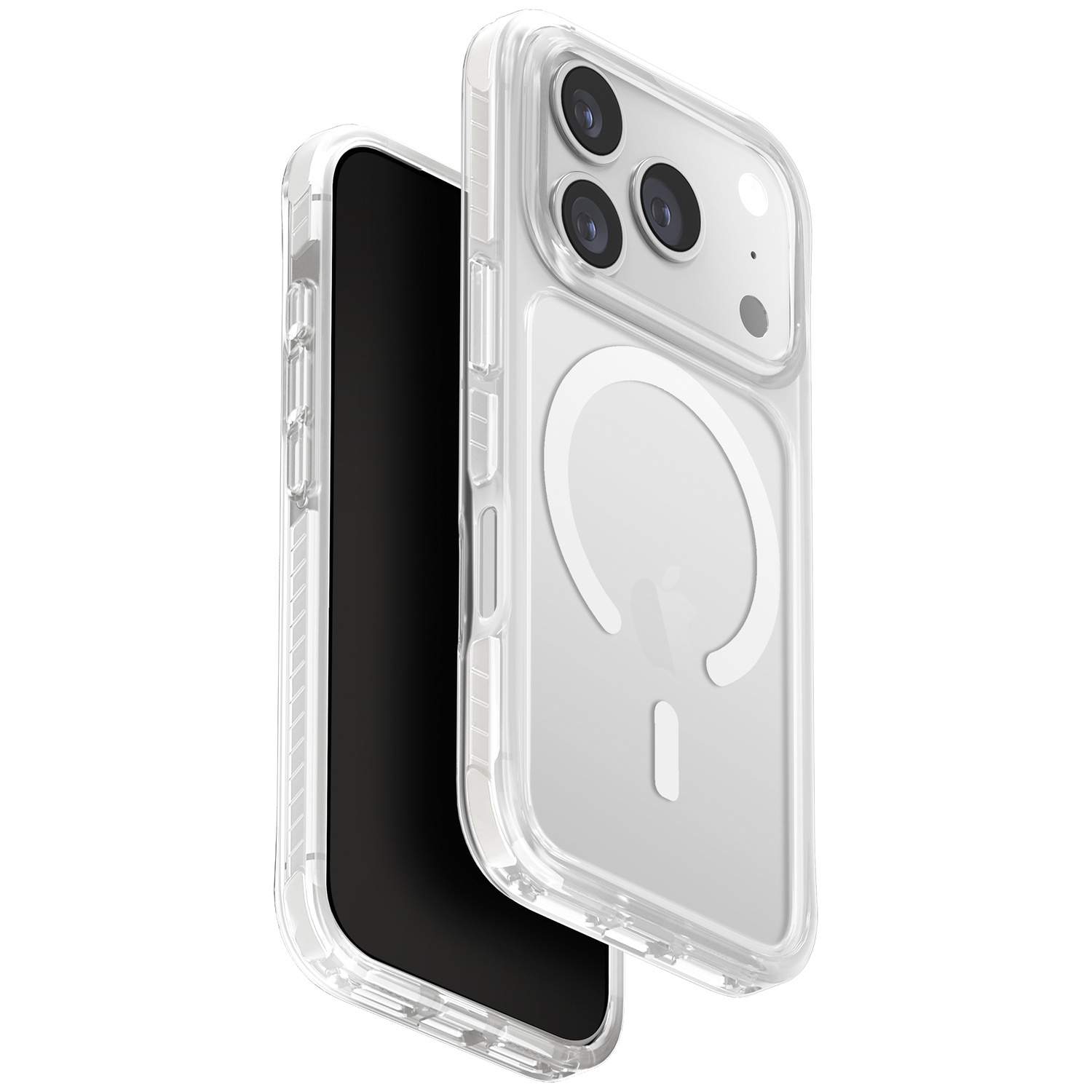 A clear phone case with a ring on the back.