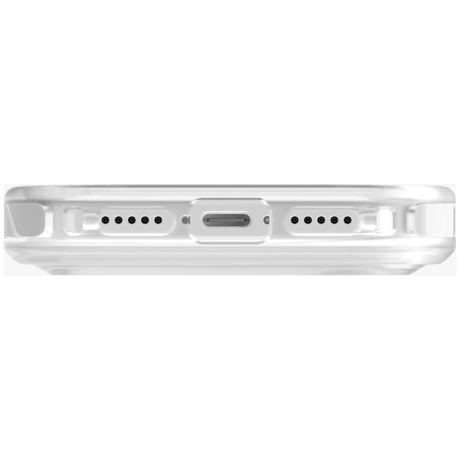 Close-up of the bottom of a clear phone case, showing charging port and speaker grilles.