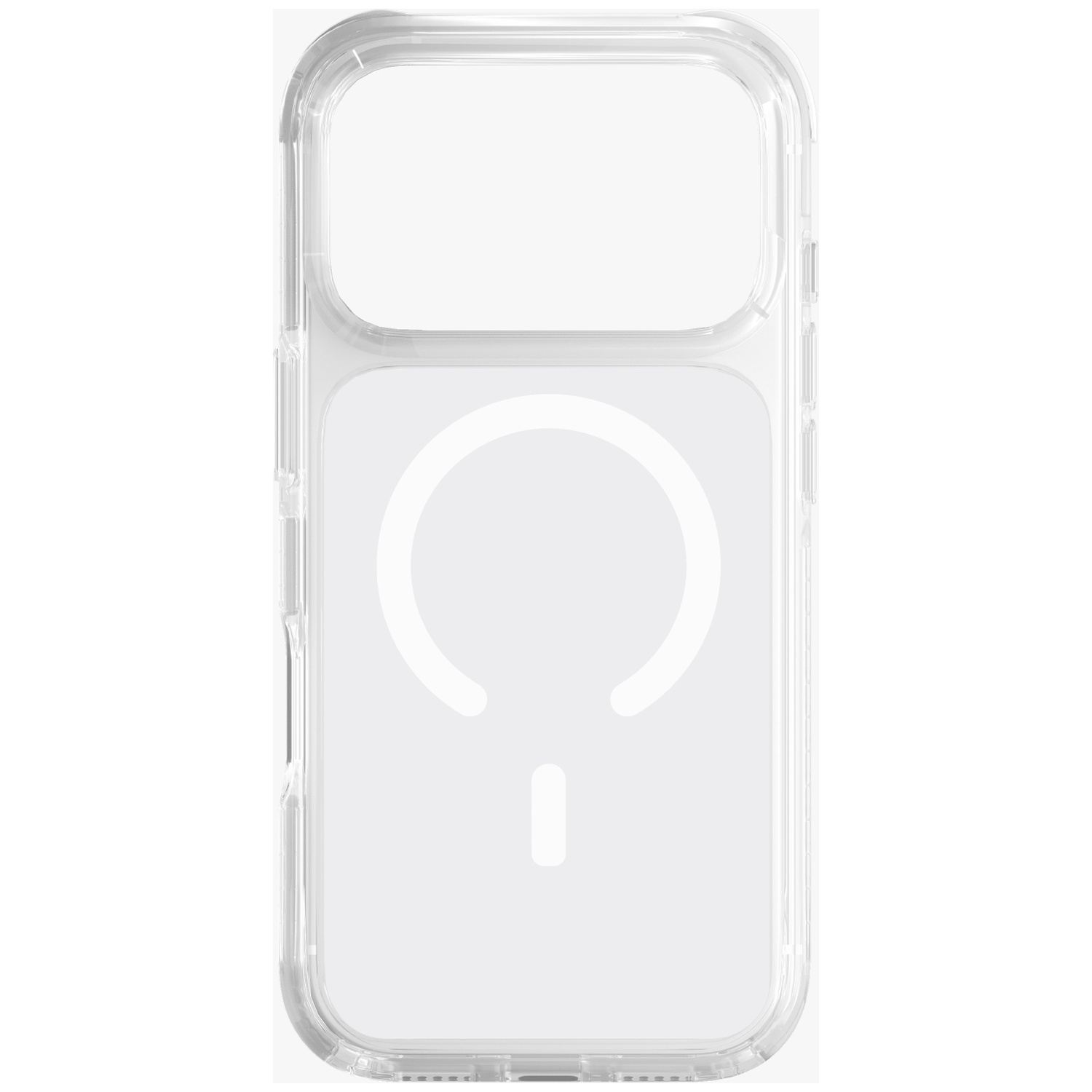 Clear phone case with a white circle and dash pattern on the back.
