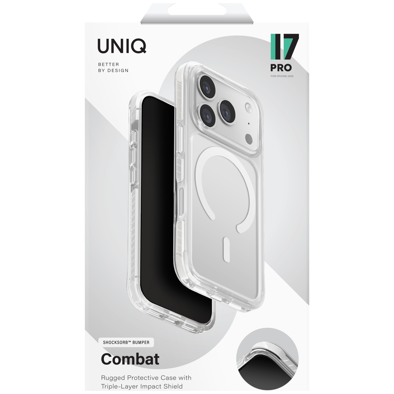 Clear UNIQ Combat iPhone 15 Pro case with white accent and camera cutout.