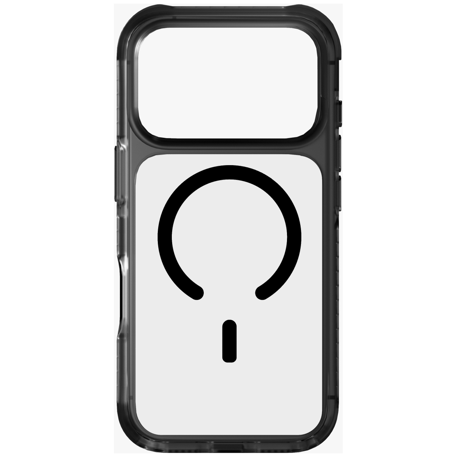 Clear phone case with black MagSafe circle and dash.
