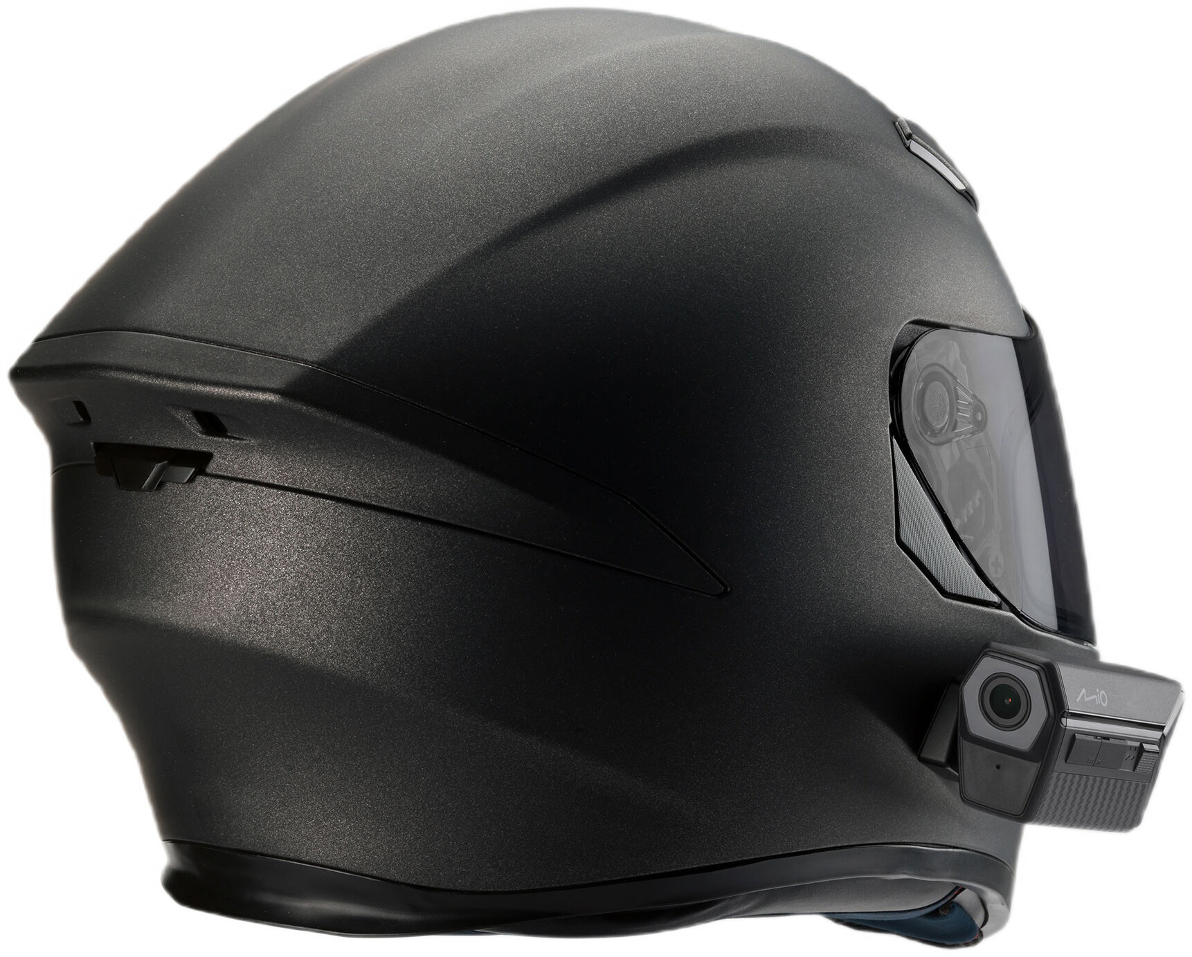 Matowy czarny kask motocyklowy z kamerą z boku, białe tło.