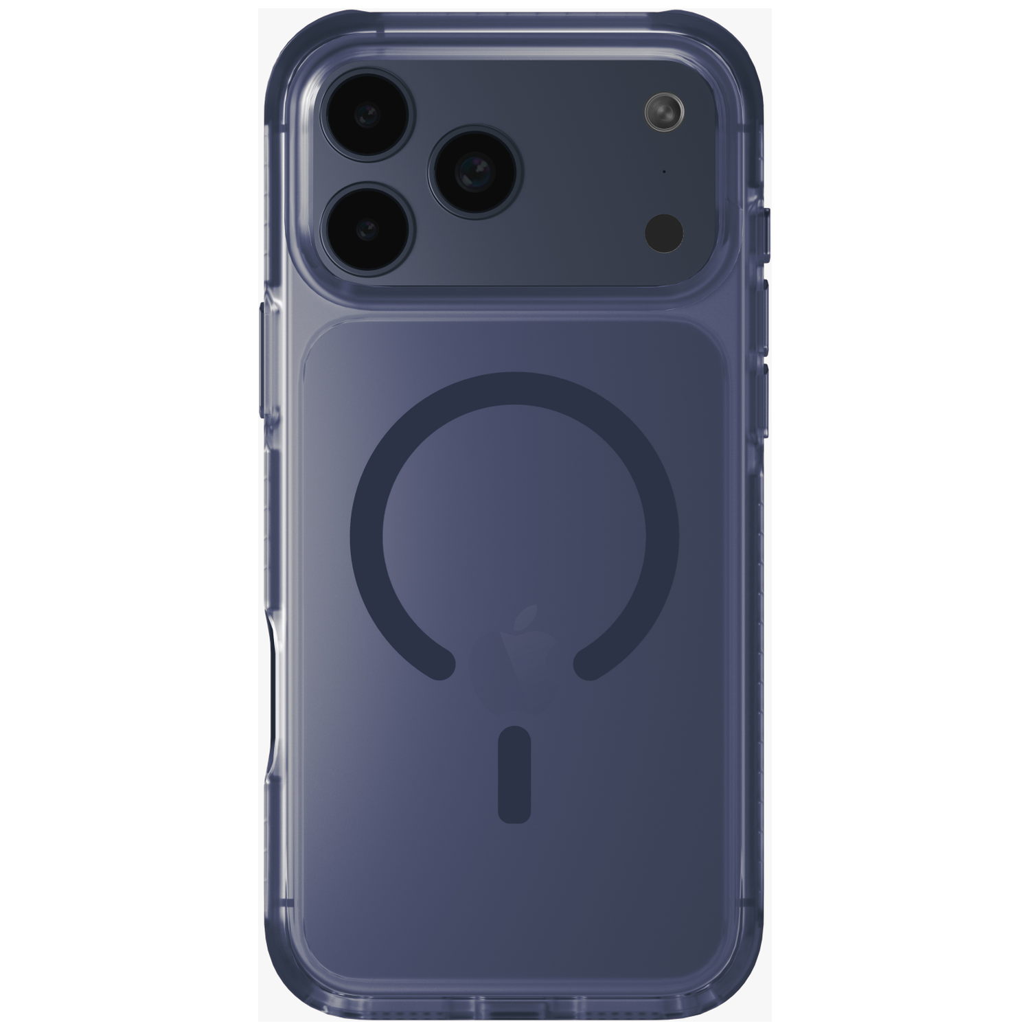 Dark blue iPhone case with MagSafe logo and rear camera array.