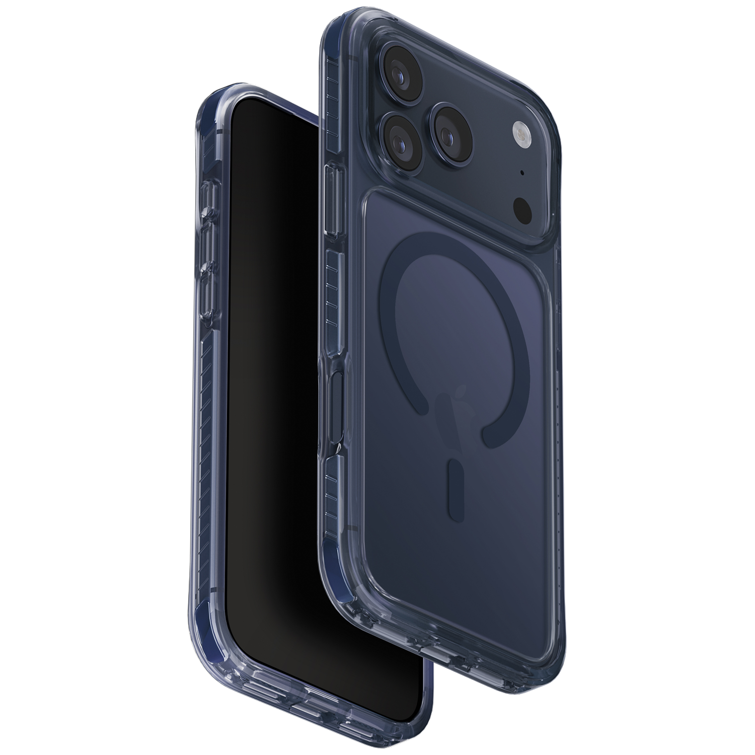 Dark blue iPhone case with MagSafe and three camera lenses on a white background.
