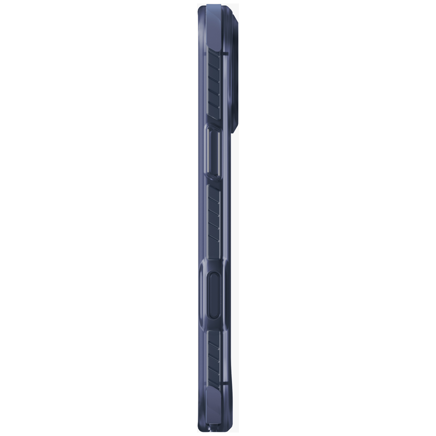 Dark blue phone case in side profile showing buttons and texture.