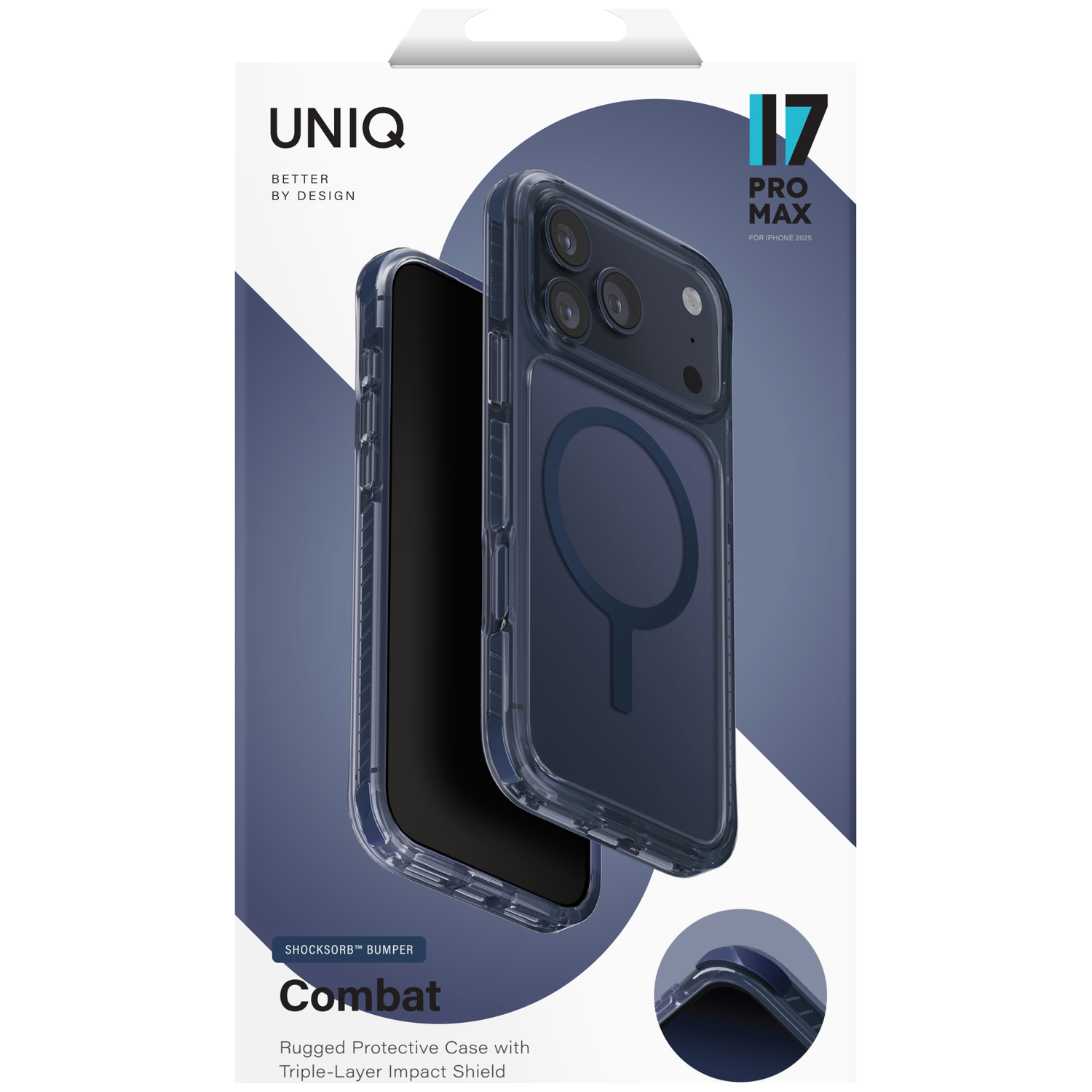 Blue UNIQ Combat iPhone 17 Pro Max case with camera bump and magnetic ring.
