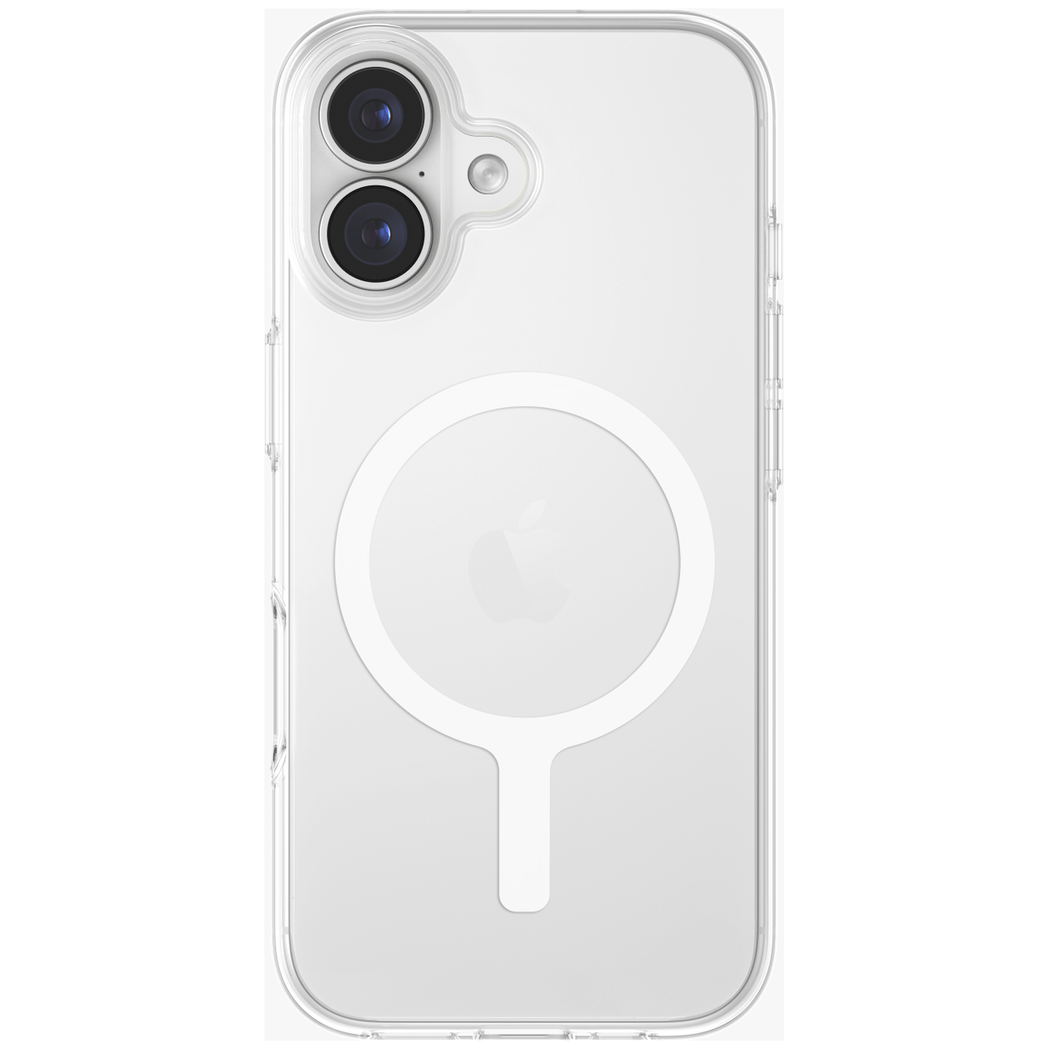 Clear phone case with two cameras and Apple logo.