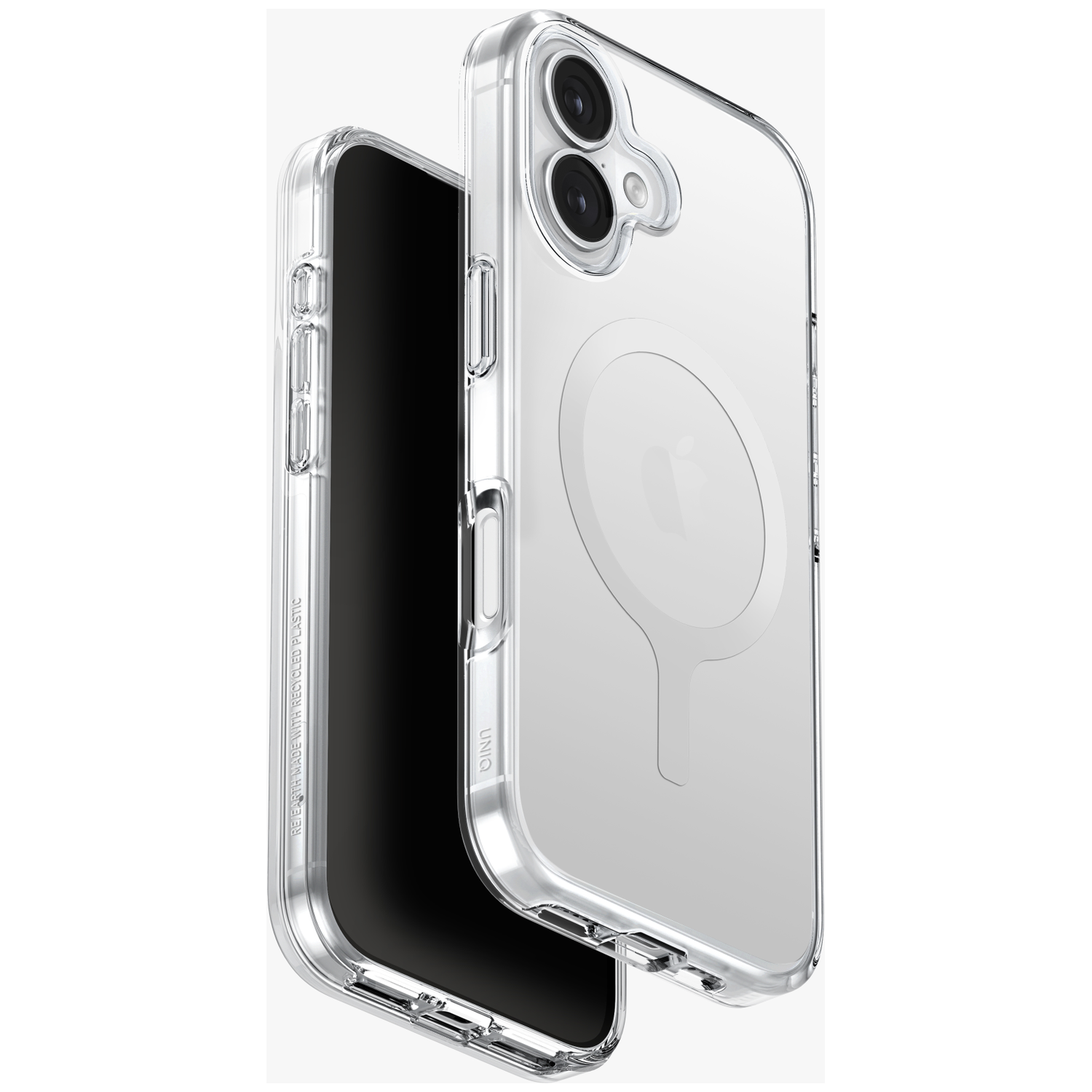 Clear phone case showing two cameras and a magnetic ring on a white background.