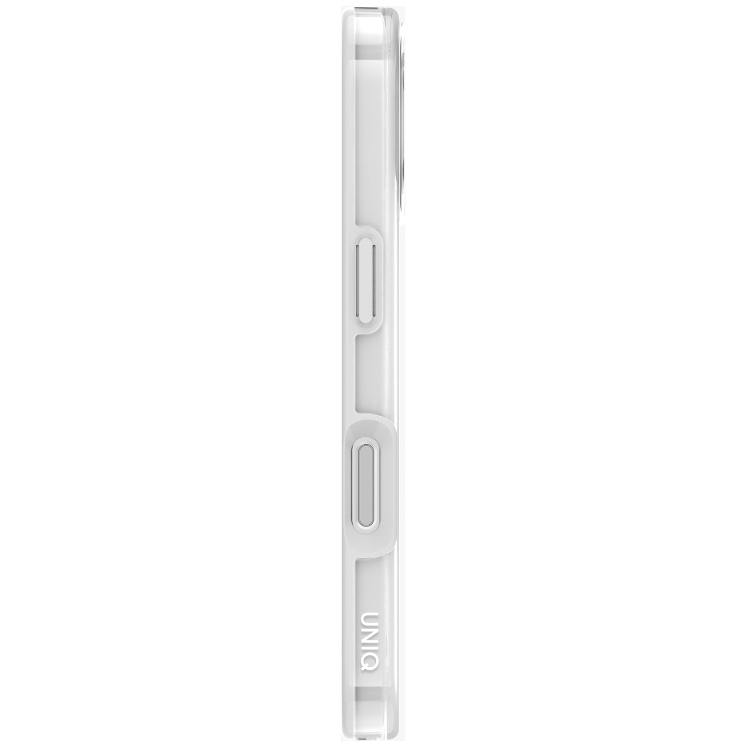 White phone case with buttons and UNIQ logo on a white background.