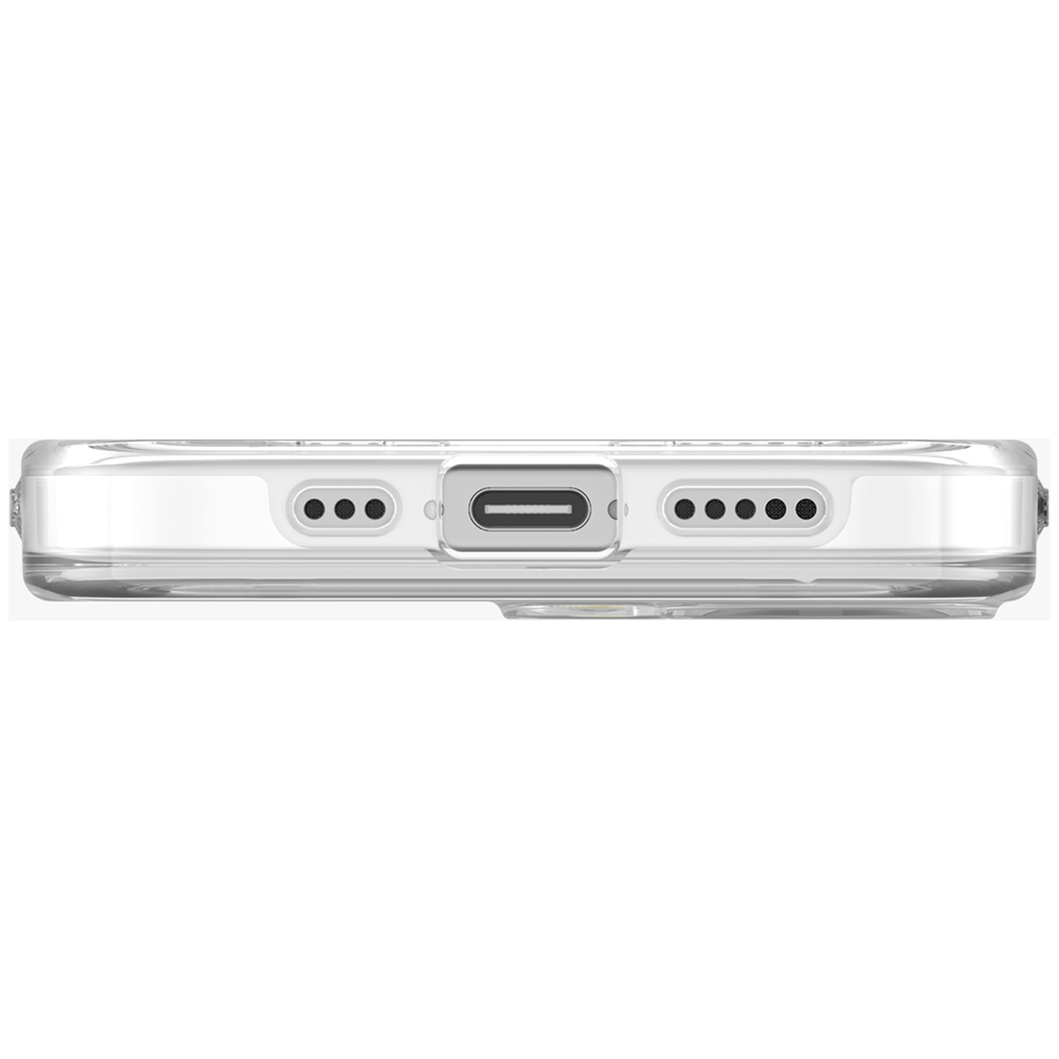 Close-up of a clear phone case bottom showing charging port and speaker holes.