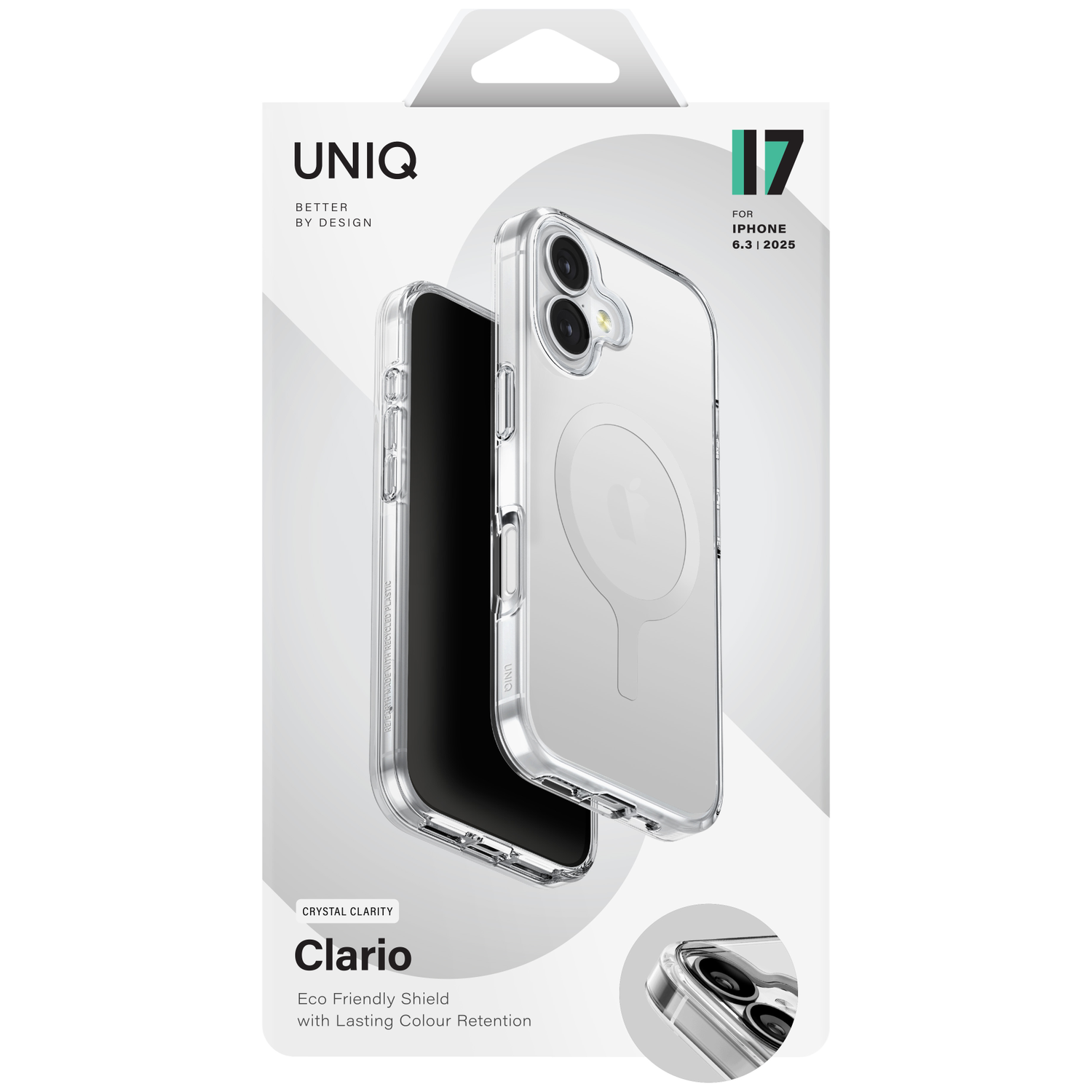 Clear iPhone case with UNIQ logo and Clario branding. Eco friendly shield.