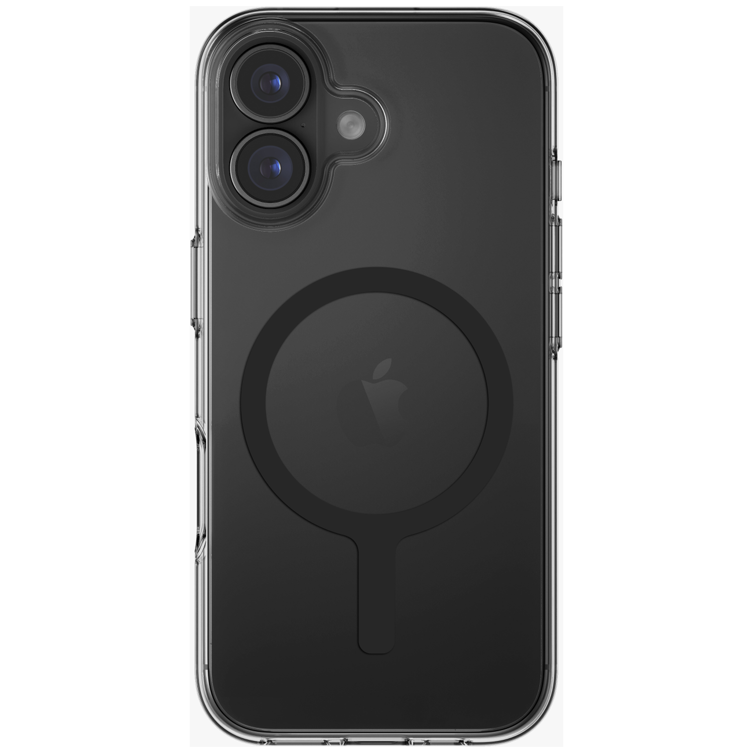 Achterkant van een zwarte iPhone met twee camera's en een rond MagSafe-oplaadgebied.