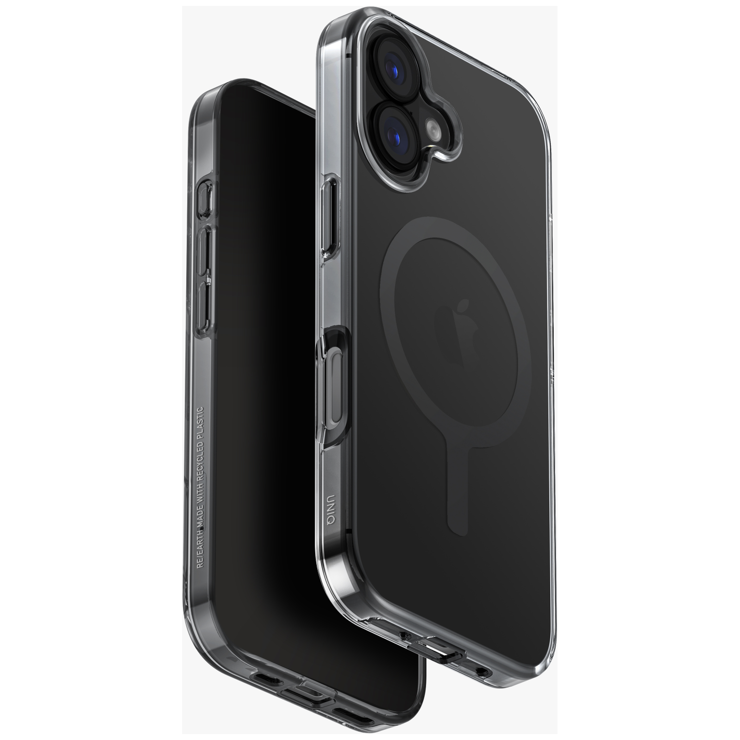 Twee doorzichtige telefoonhoesjes met zilveren rand, één met camera's, de andere MagSafe.