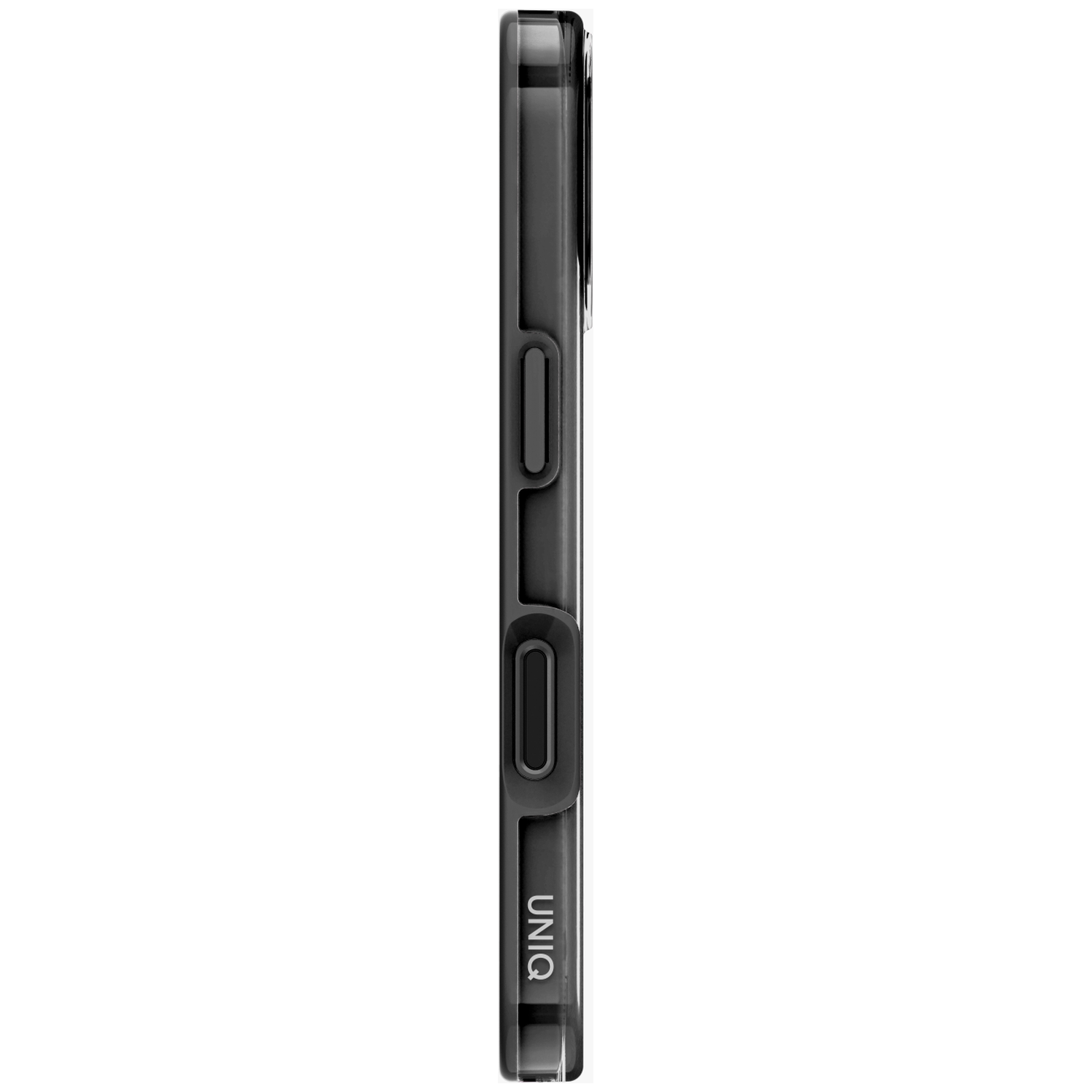 Zwarte telefoonhoes in profiel met knoppen en UNIQ-logo.