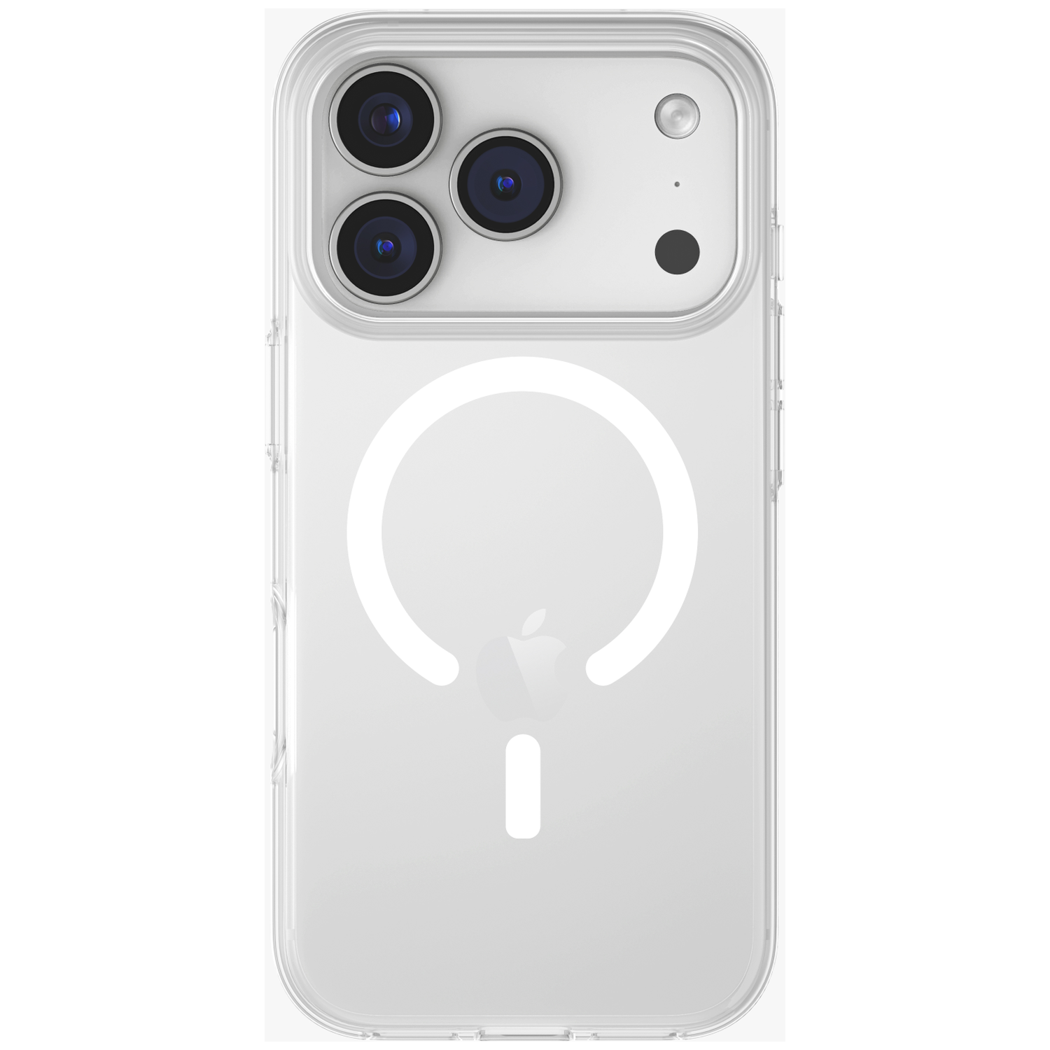 Clear phone case with three cameras and an Apple logo.