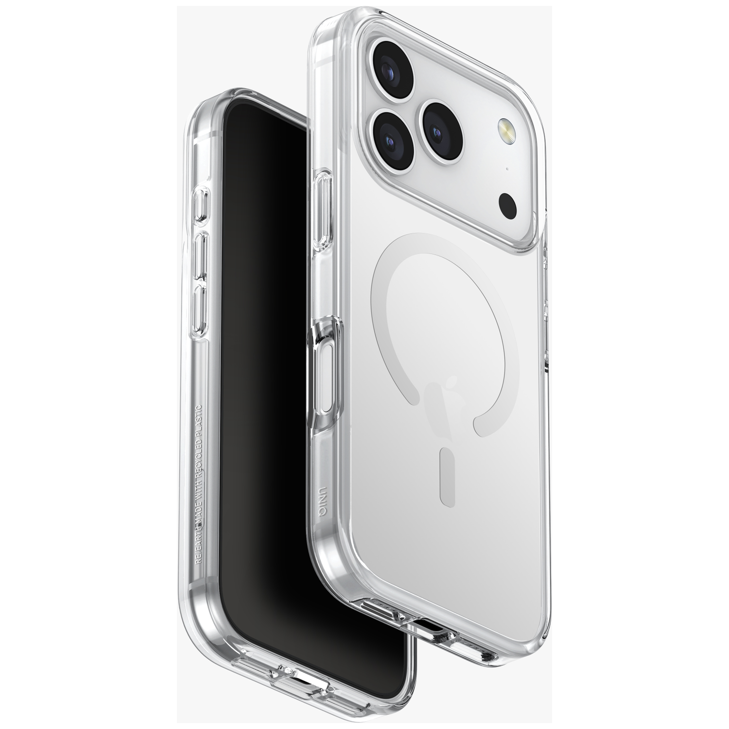 Clear phone case with MagSafe ring, showing three cameras and flash.