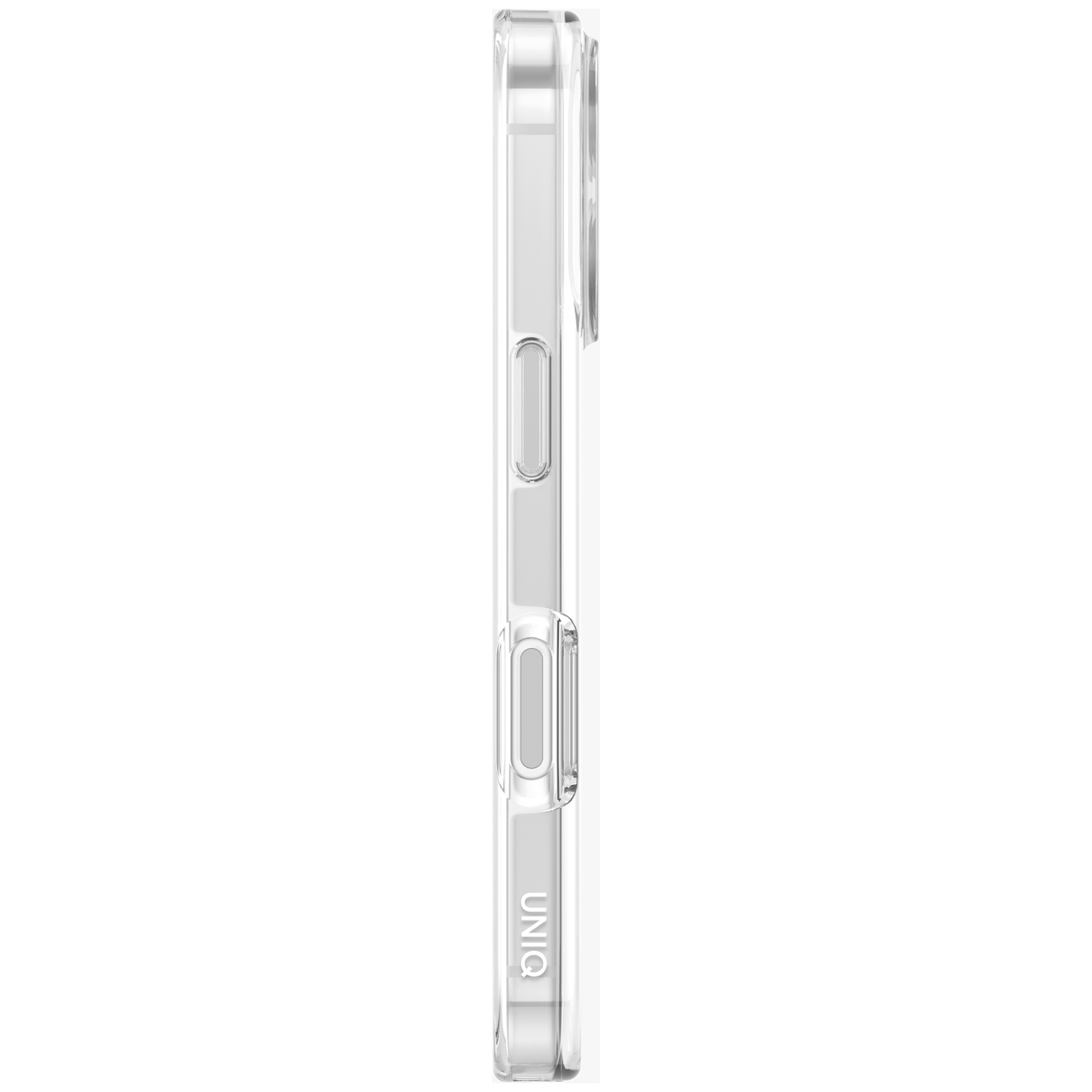 Clear phone case with UNIQ logo, side view.