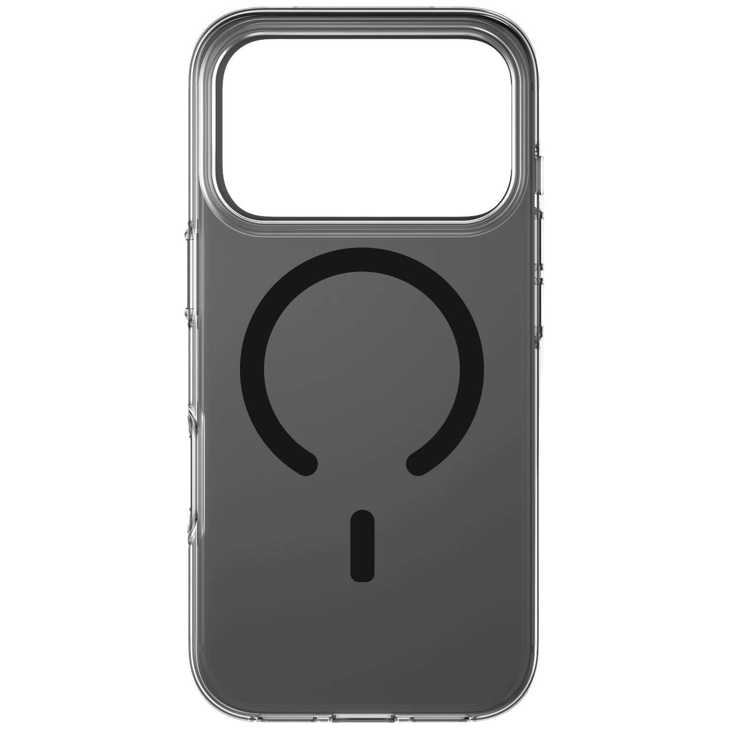 Clear phone case with a black magnetic circle symbol.