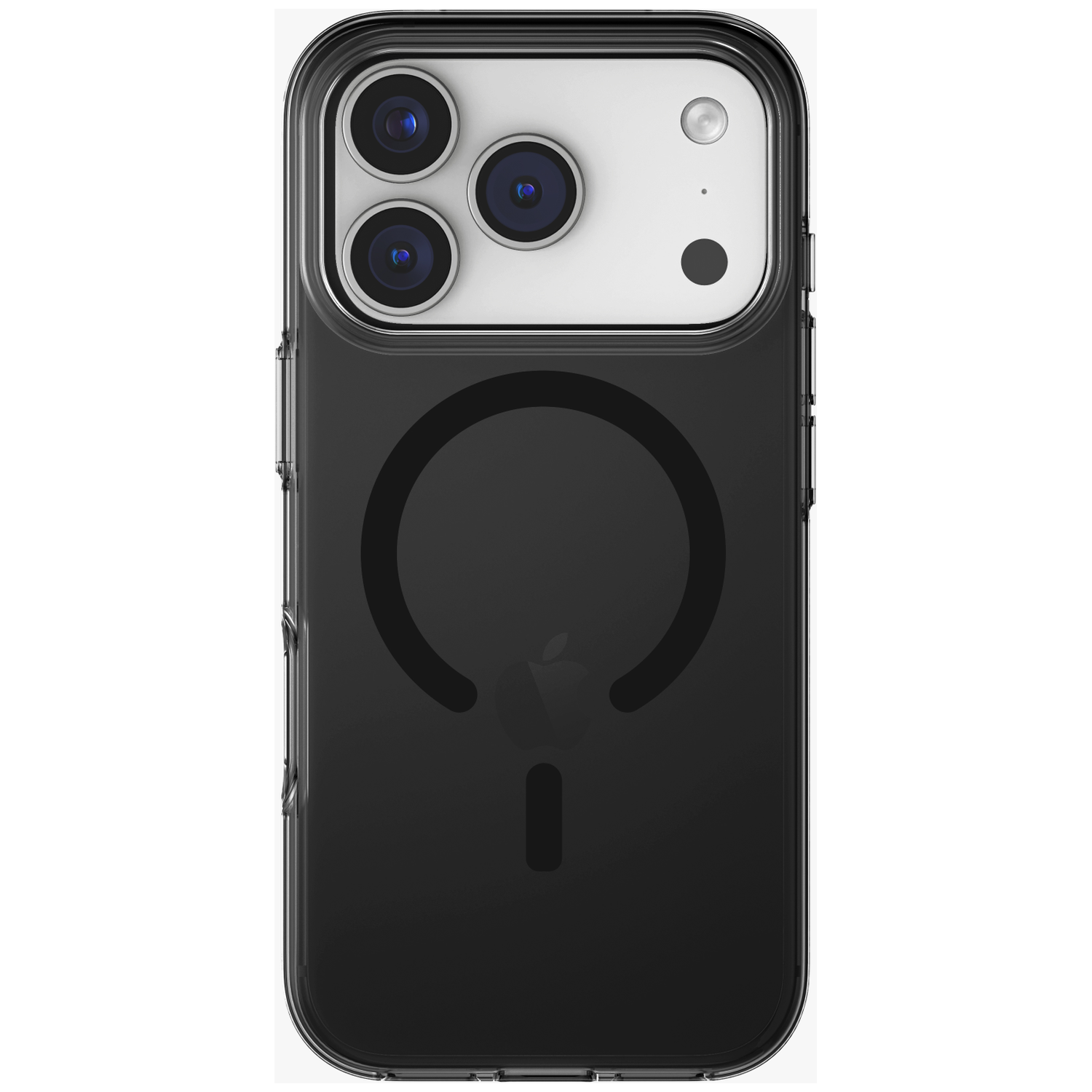 Clear phone case with three camera lenses and flash on the back.