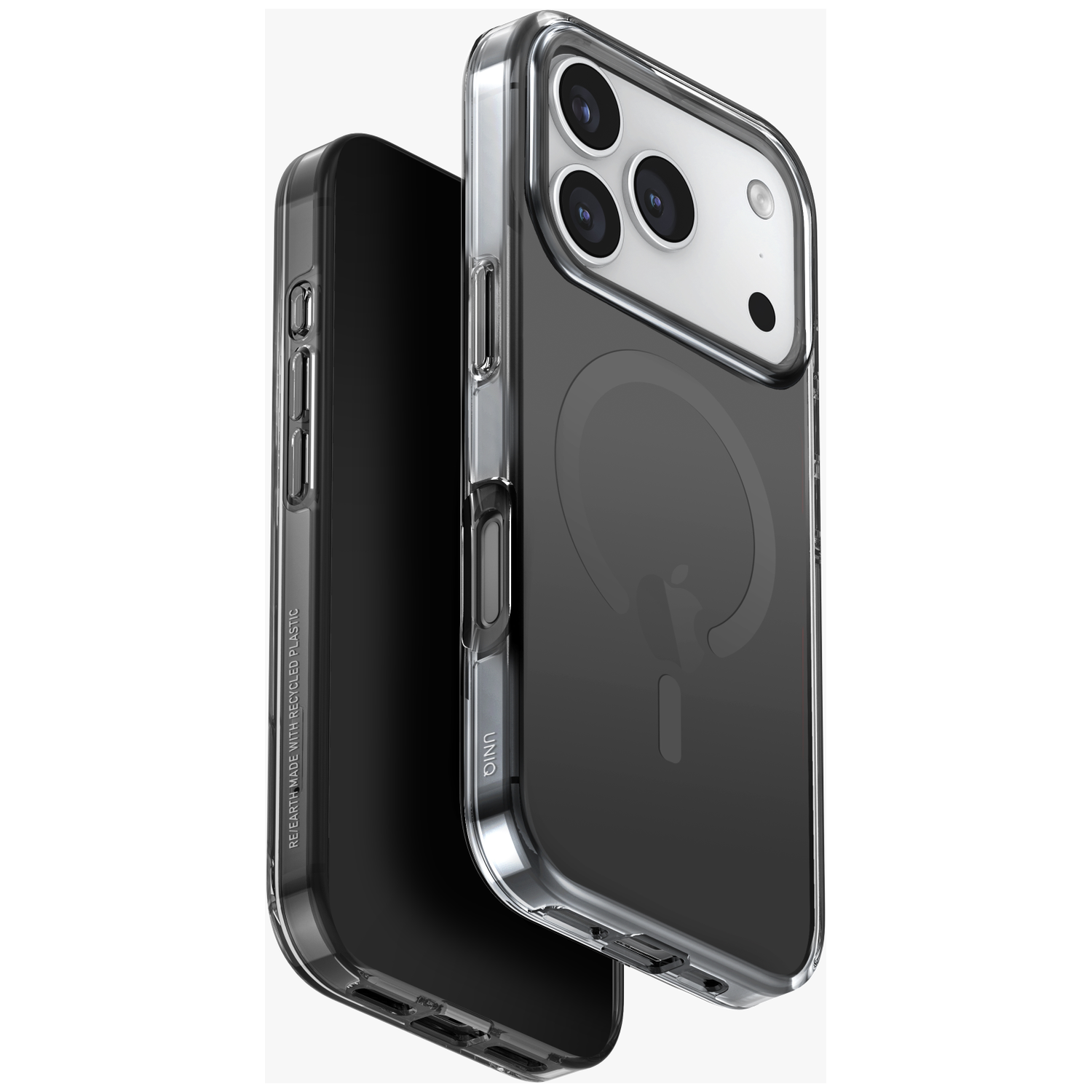 Clear phone case with magnetic ring and camera cutout.