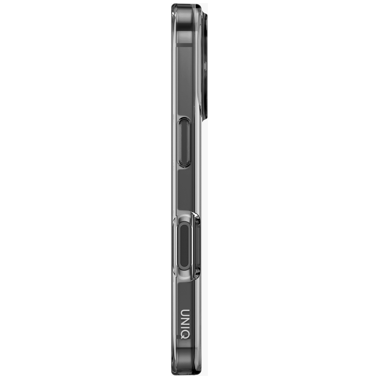 Gray phone case in profile with UNIQ logo. Side buttons visible.