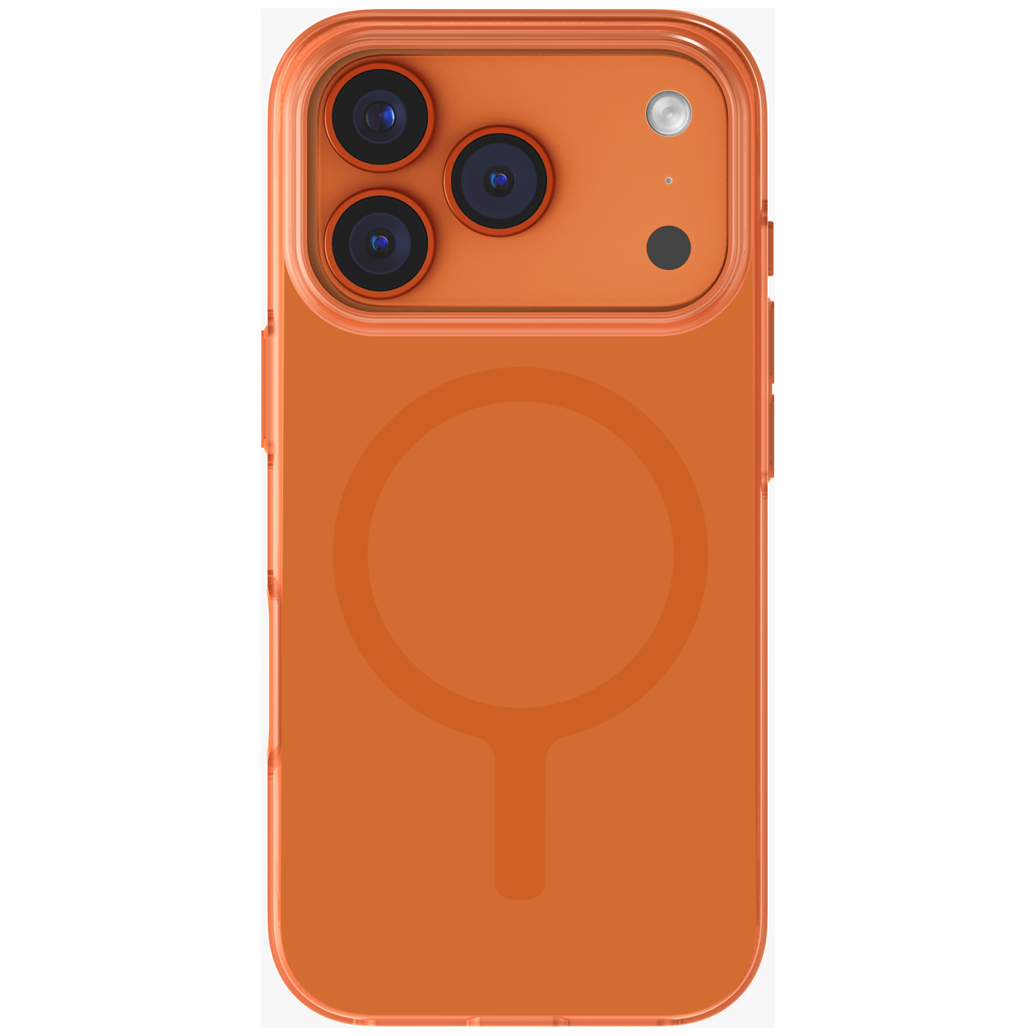 Orange phone case with three camera lenses and flash.