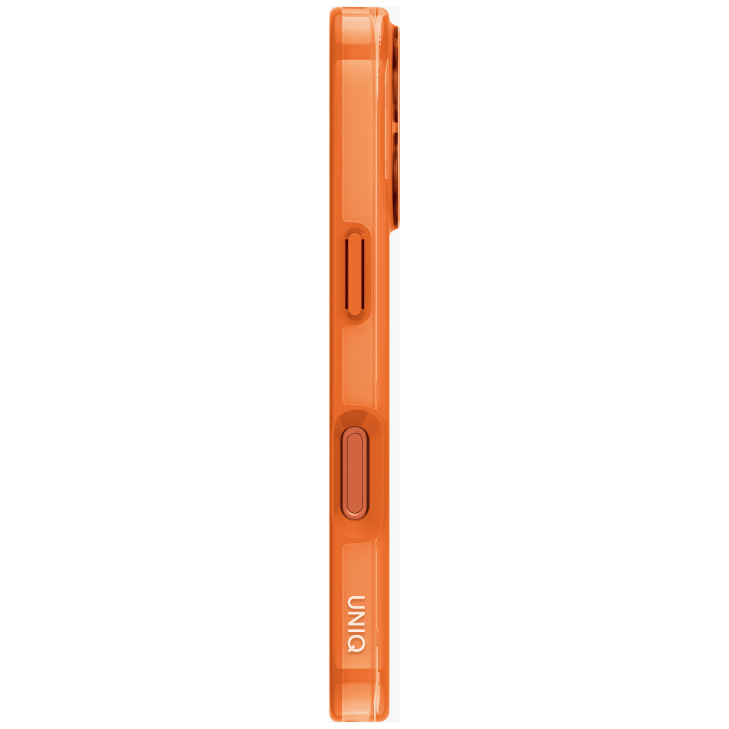 Orange phone case in profile with UNIQ logo.