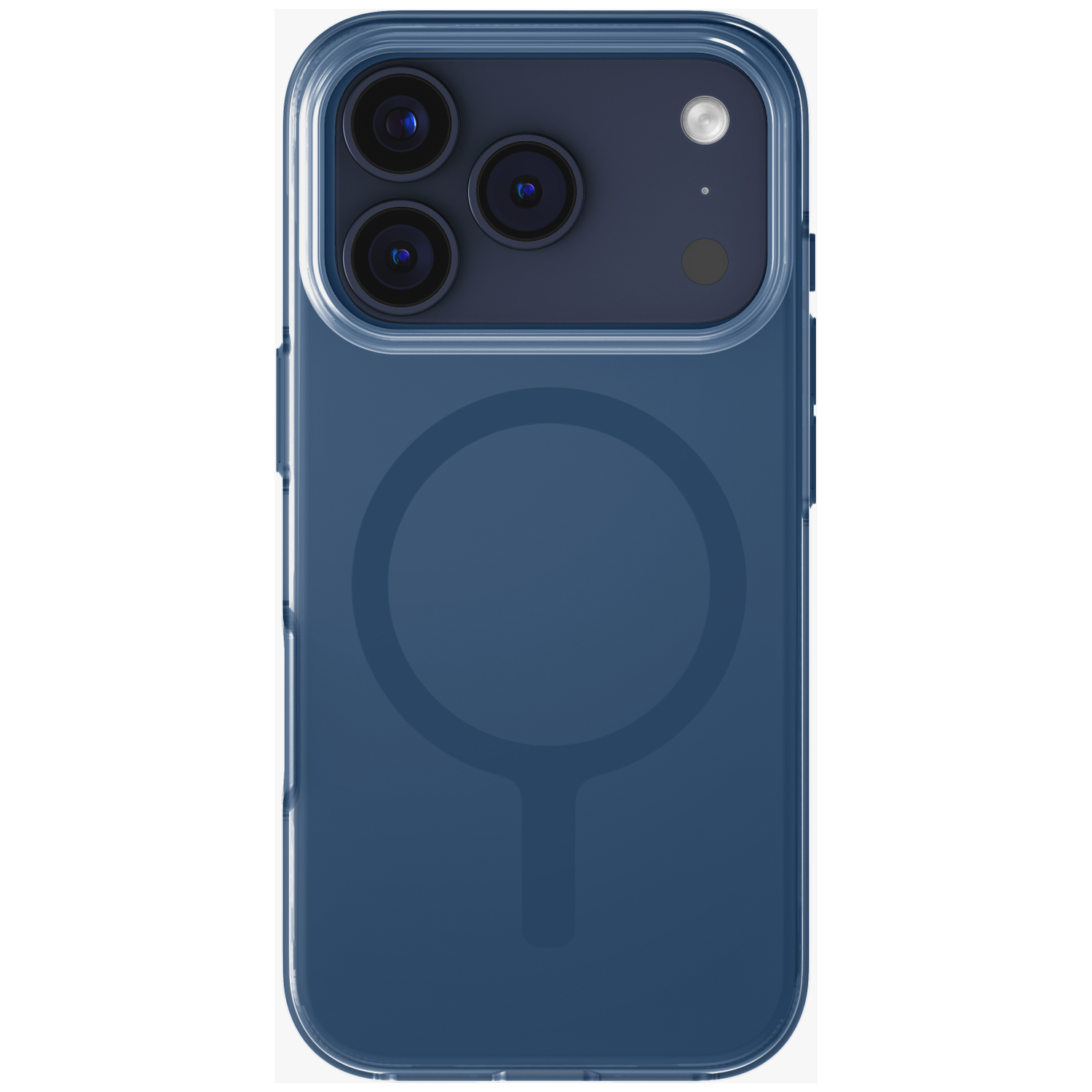 Dark blue phone with three cameras and a flash on the back.