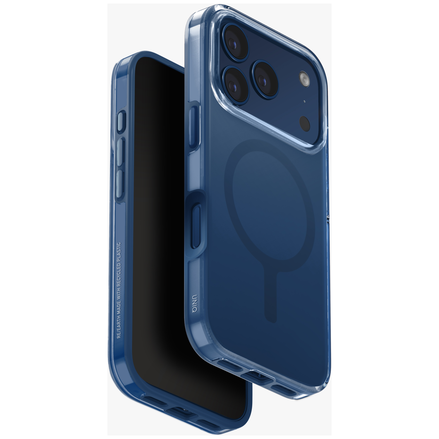 Blue phone case with magnetic ring and three camera lenses.
