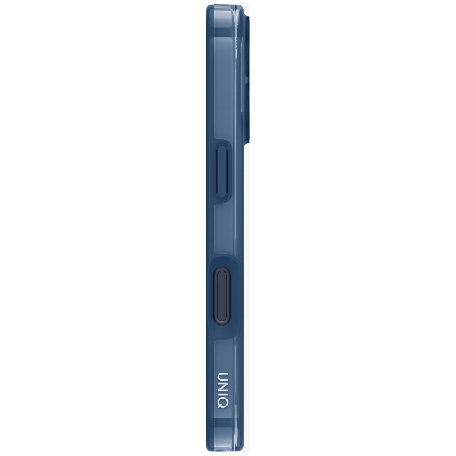 Blue phone case with UNIQ logo in profile on a white background.