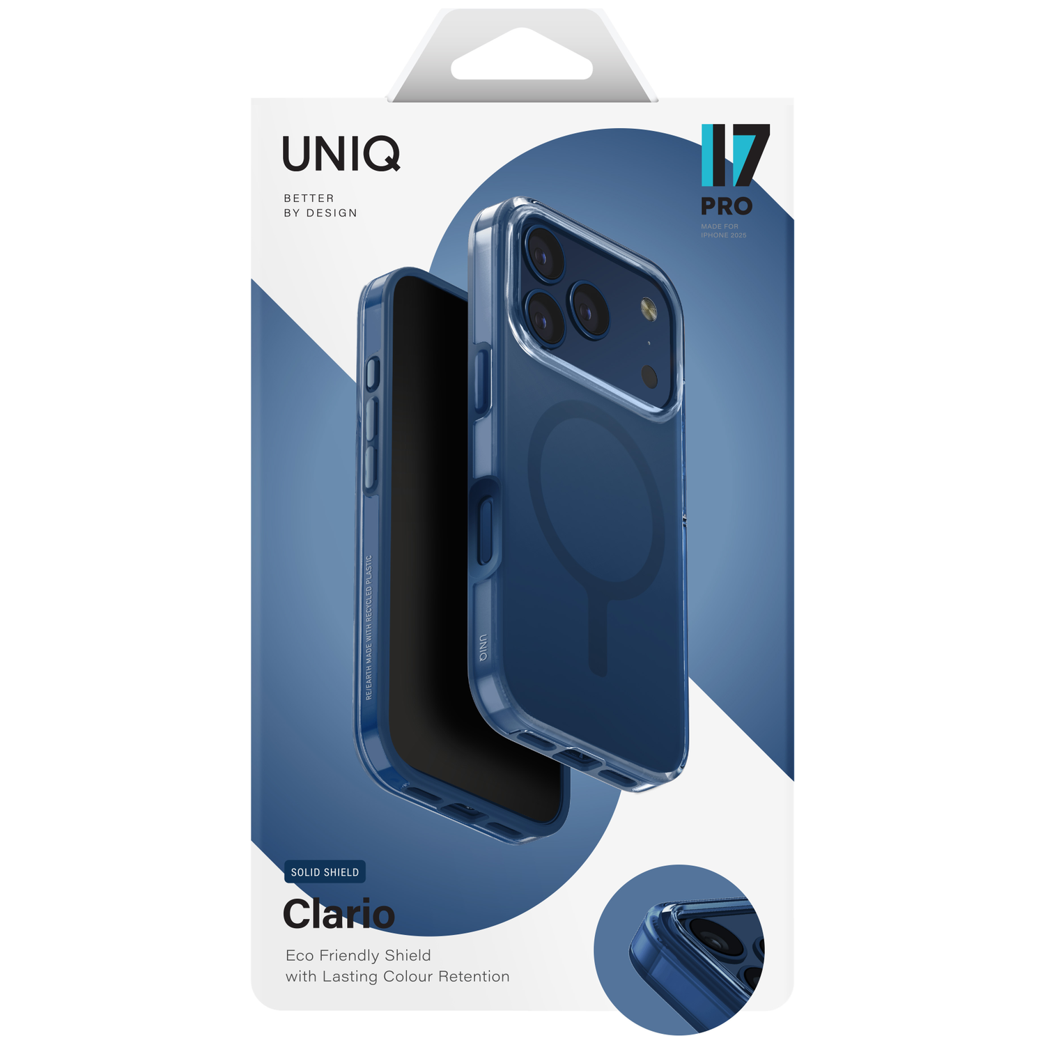 Clear blue phone case for iPhone 17 Pro, with UNIQ branding and 'Clario' model name.