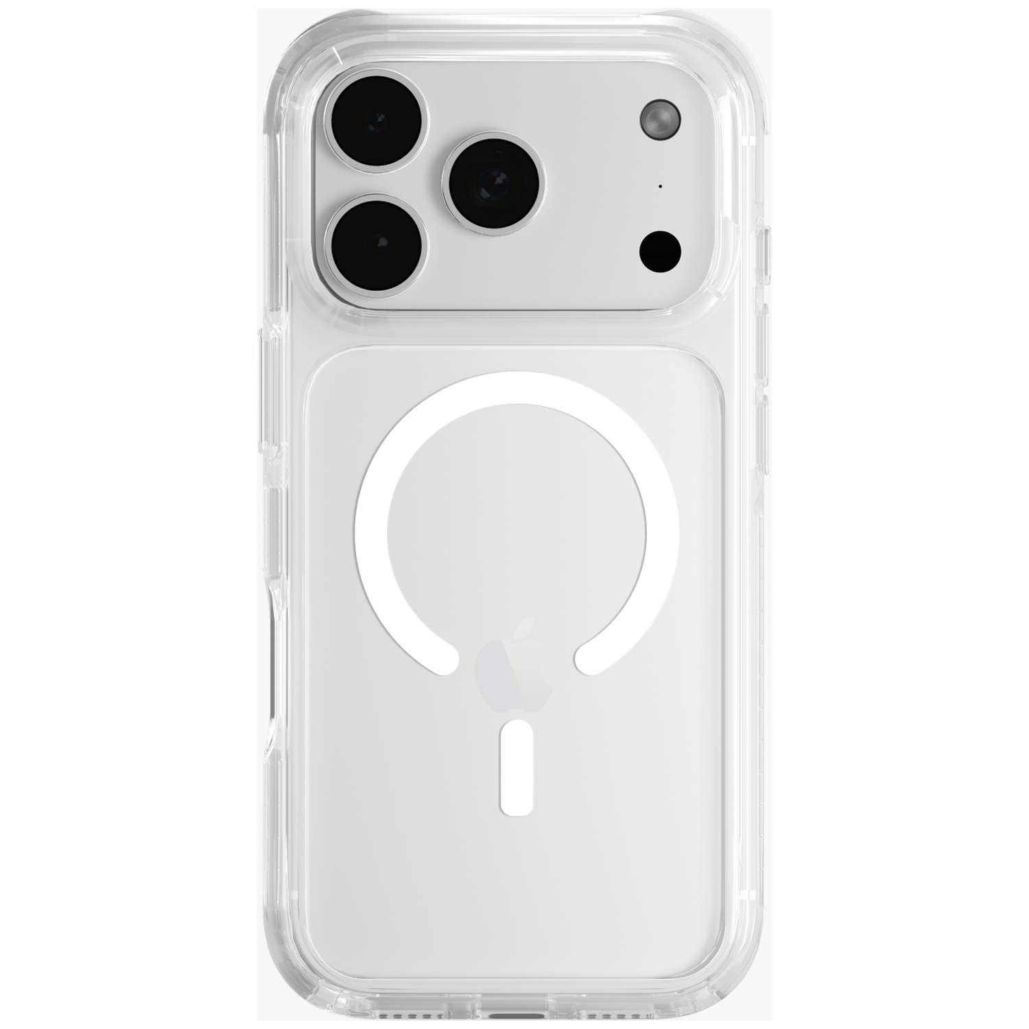 Clear phone case with camera array and white circular magnet