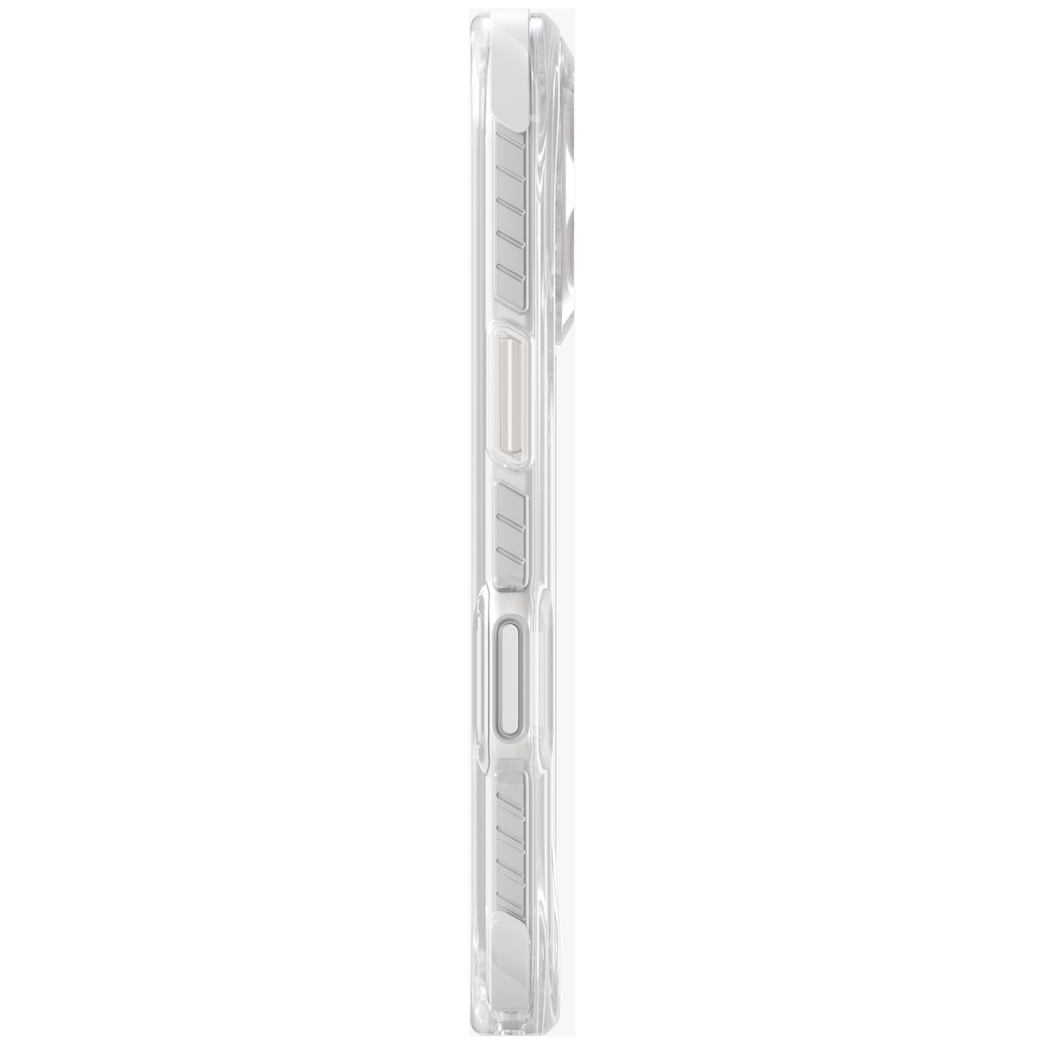 Clear phone case with buttons and textured details, side view.