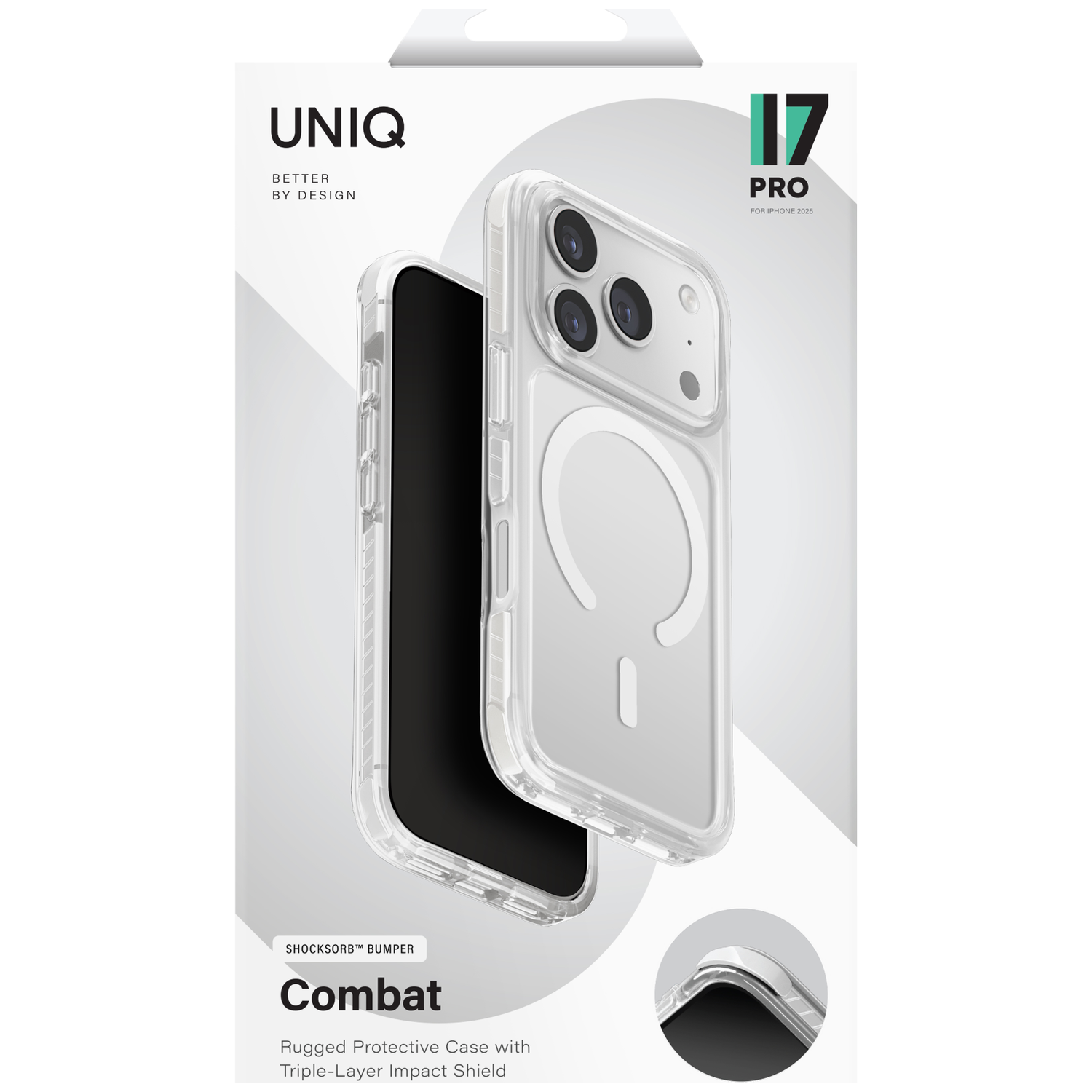 Clear 'Combat' protective case for iPhone 15 Pro with ShockSorb bumper.