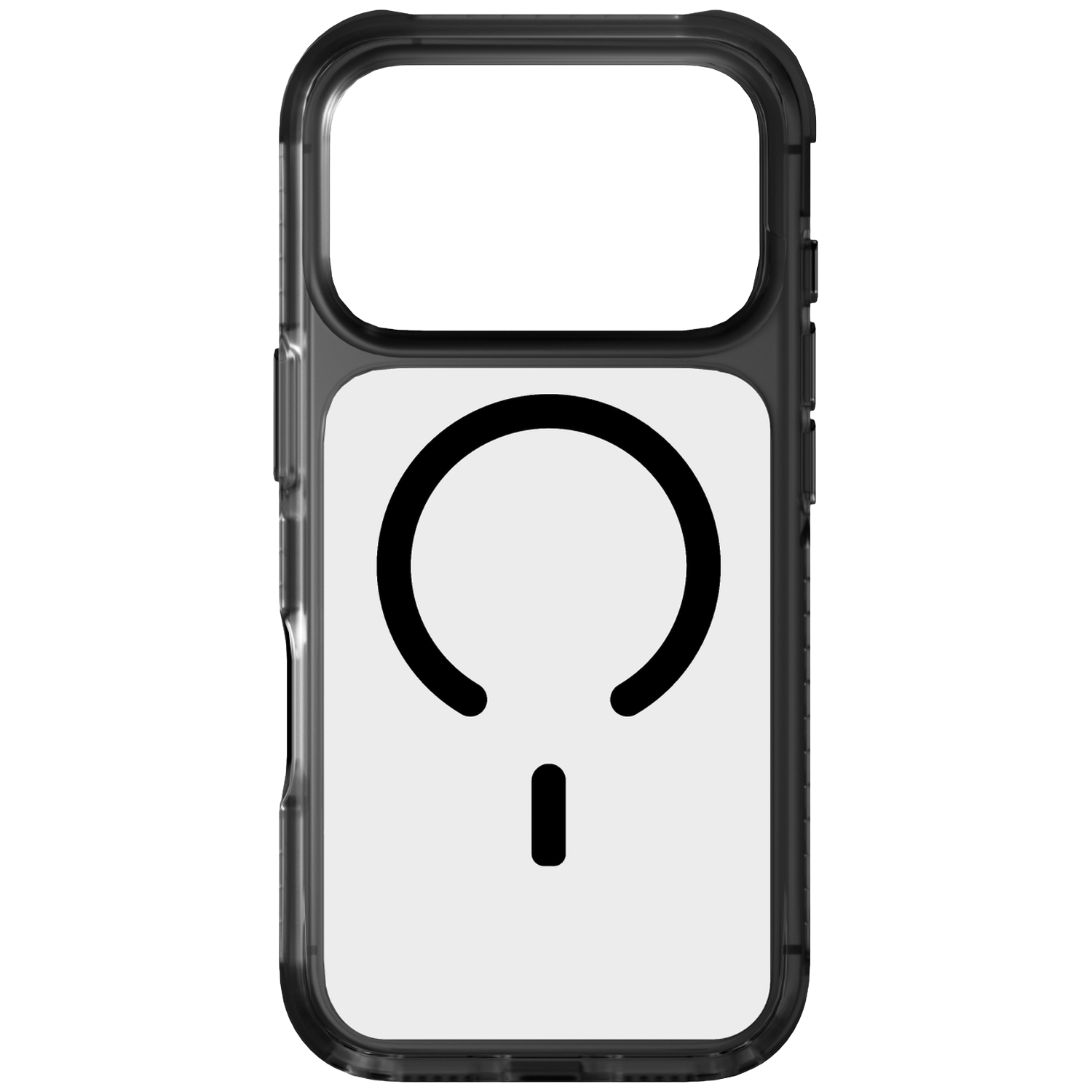 Black iPhone case with a white background and a black circle symbol.