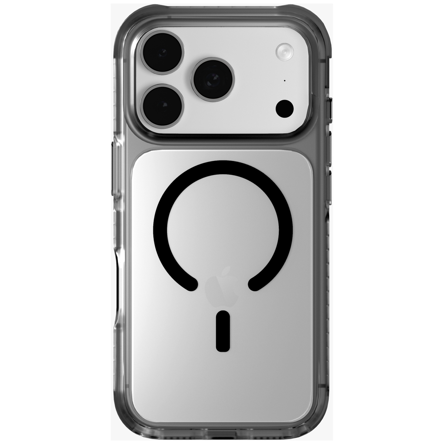 A clear phone case with a circular pattern and an Apple logo.
