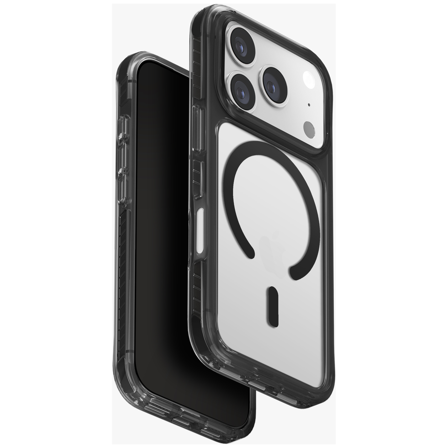 Clear phone case with black edges, showing cameras and MagSafe ring.