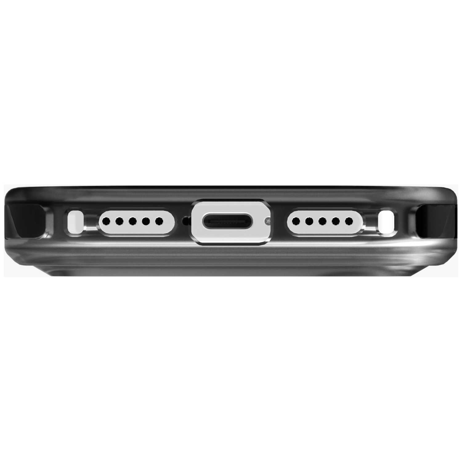 Bottom view of a black phone case showing charging port and speaker grilles.
