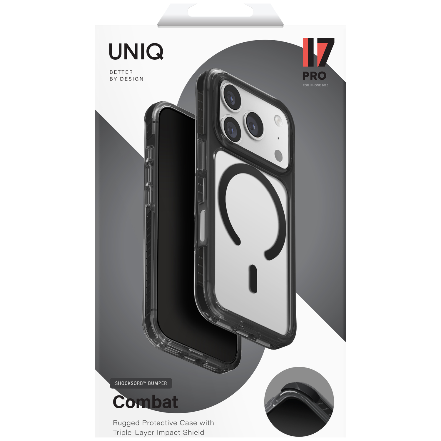 Black protective case for iPhone 15 Pro, UNIQ Combat series.
