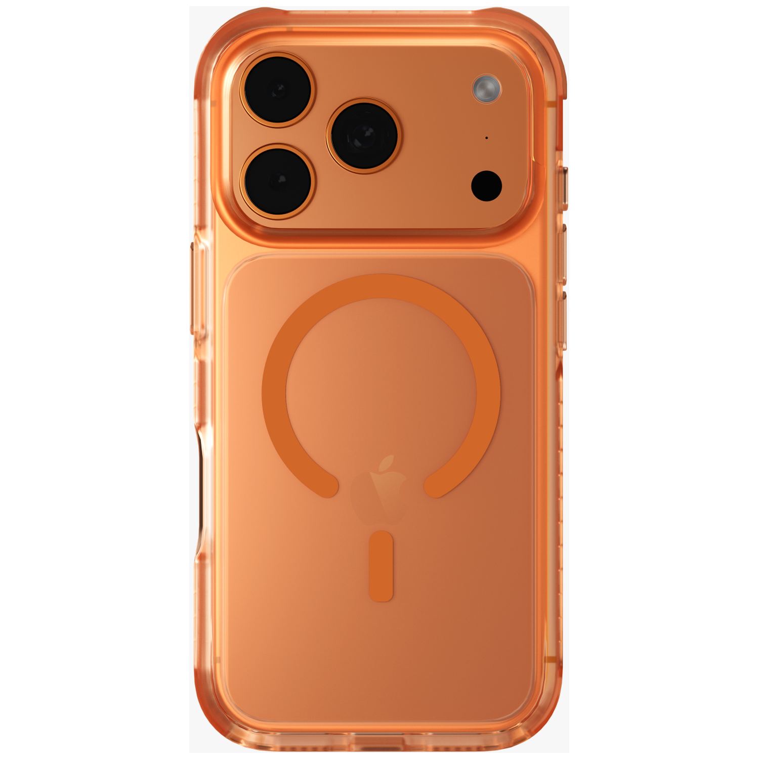 Orange iPhone case with three cameras and a MagSafe circle.