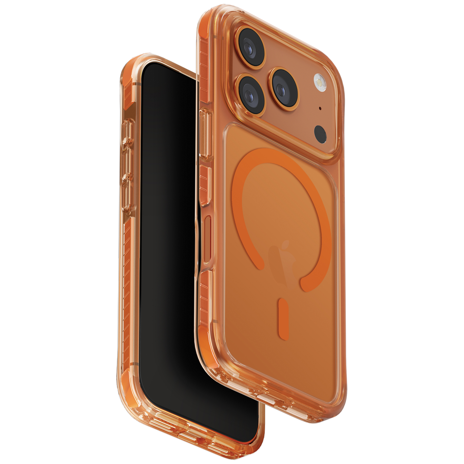 A clear, orange phone case with a magnetic ring and camera lenses.