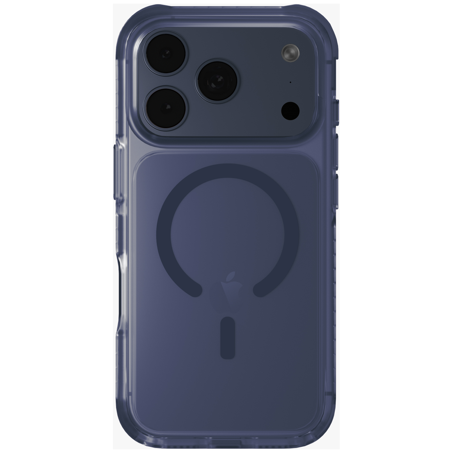 Dark blue iPhone case featuring a MagSafe circle and Apple logo on the back.
