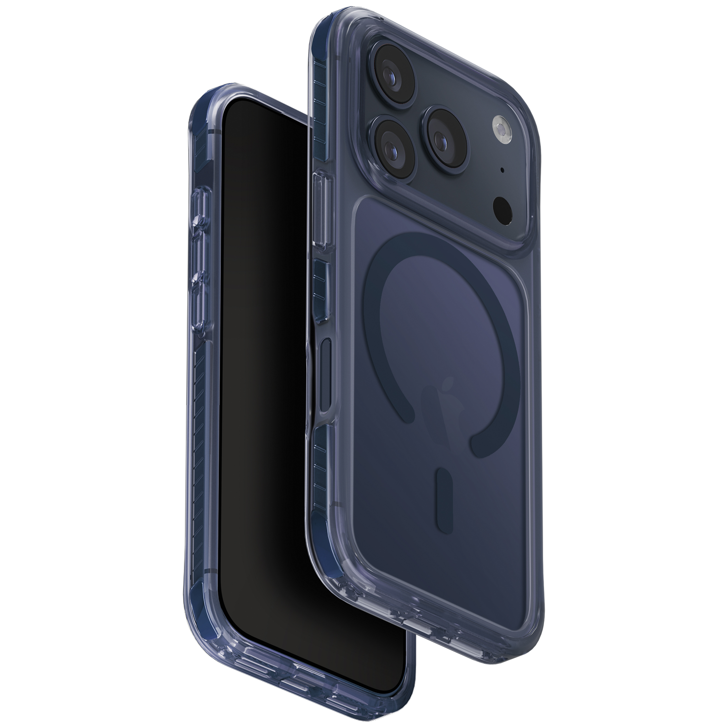 A dark blue iPhone with a transparent MagSafe case.