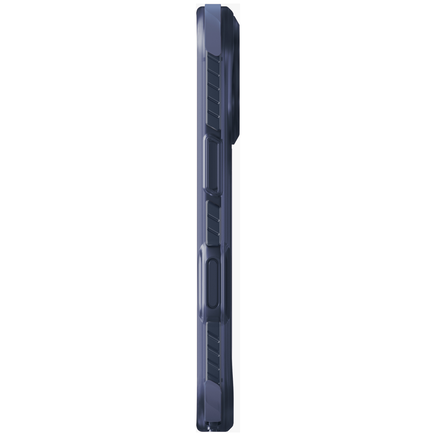 Dark blue phone case with button details, on a white background.